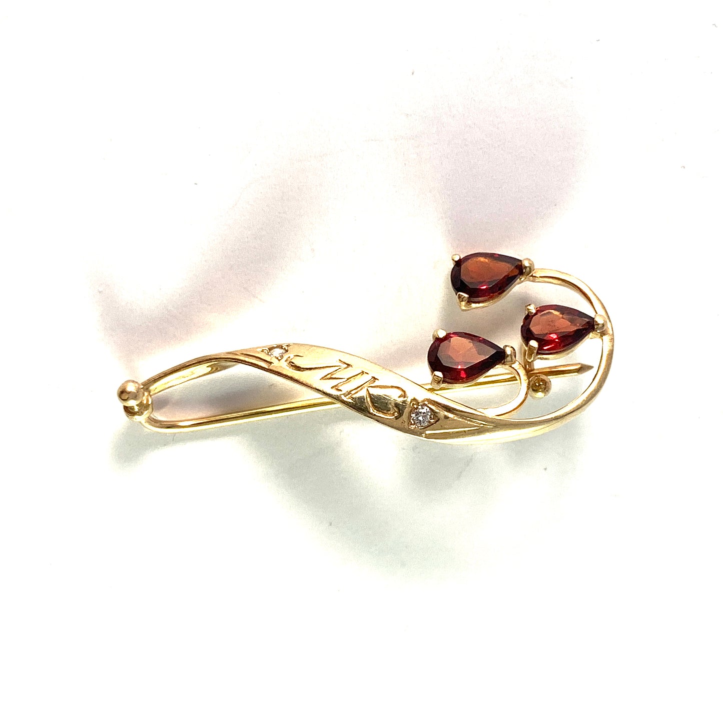 Edwardian Art Nouveau 14k Gold Diamond Garnet Brooch.