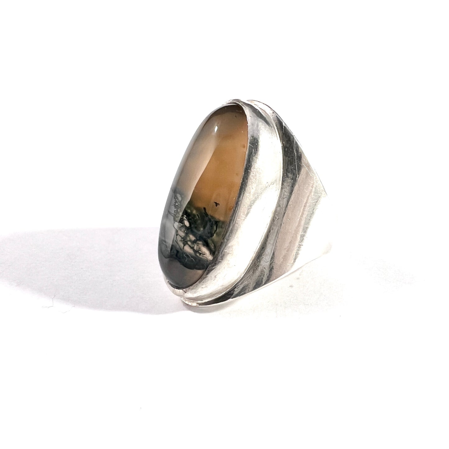 Germany c 1960s. Vintage 835 Silver Moss Agate Ring.