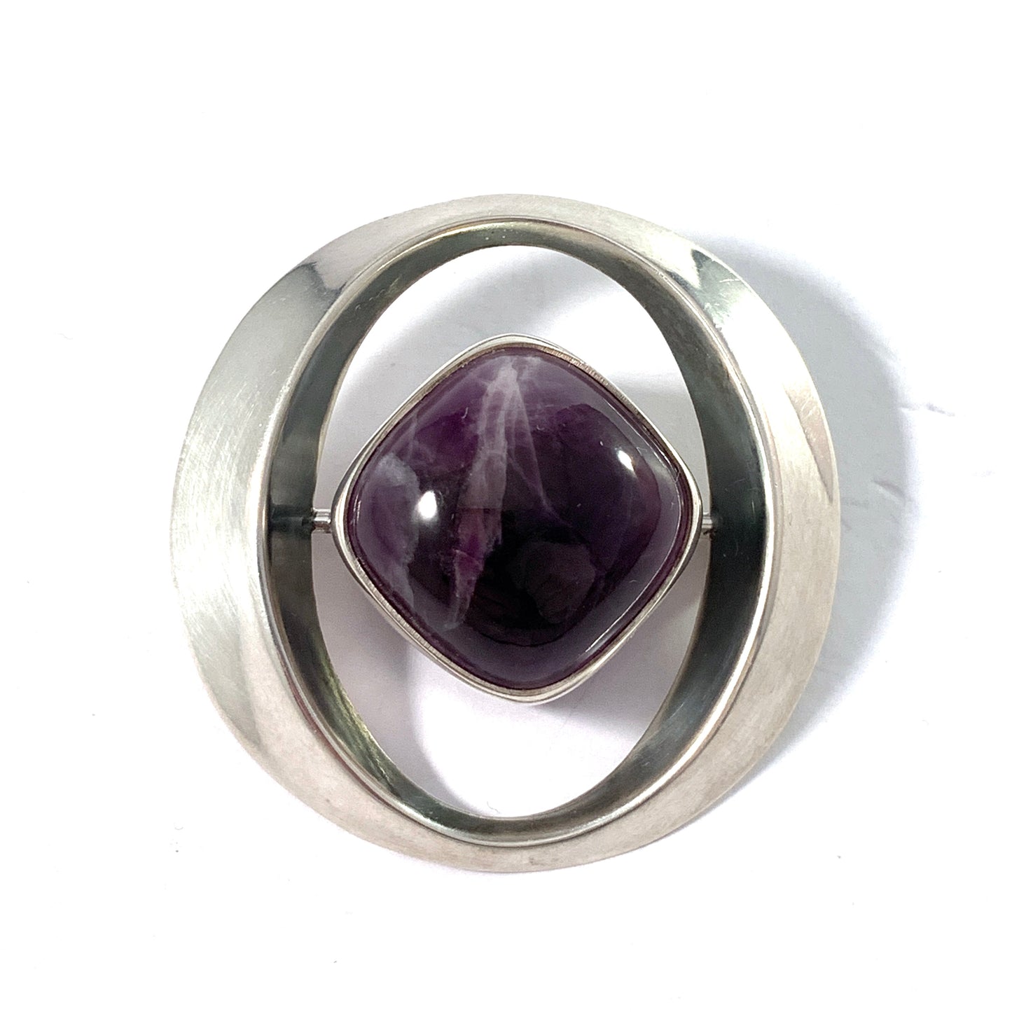 Erik Granit, Finland 1962 Modernist Solid Silver Amethyst Brooch Pendant.