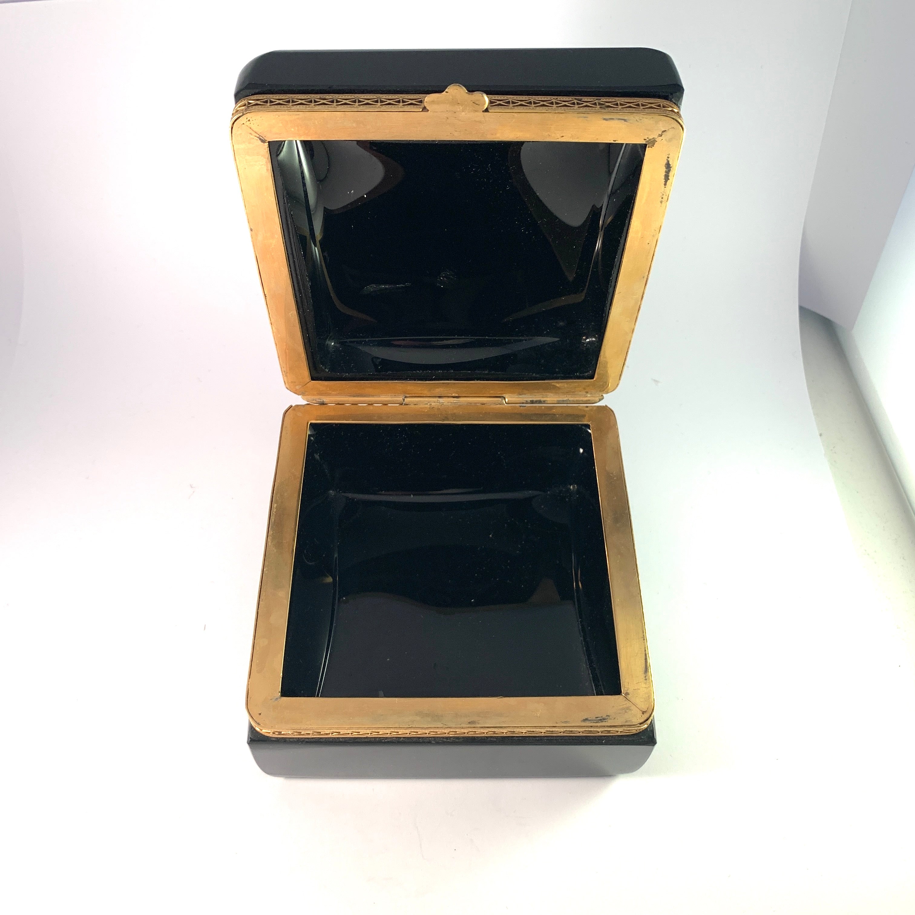 Elli Ferro, Murano, Italy Mid Century Large Massive Black Opaline Bronze Jewelry Casket Box.