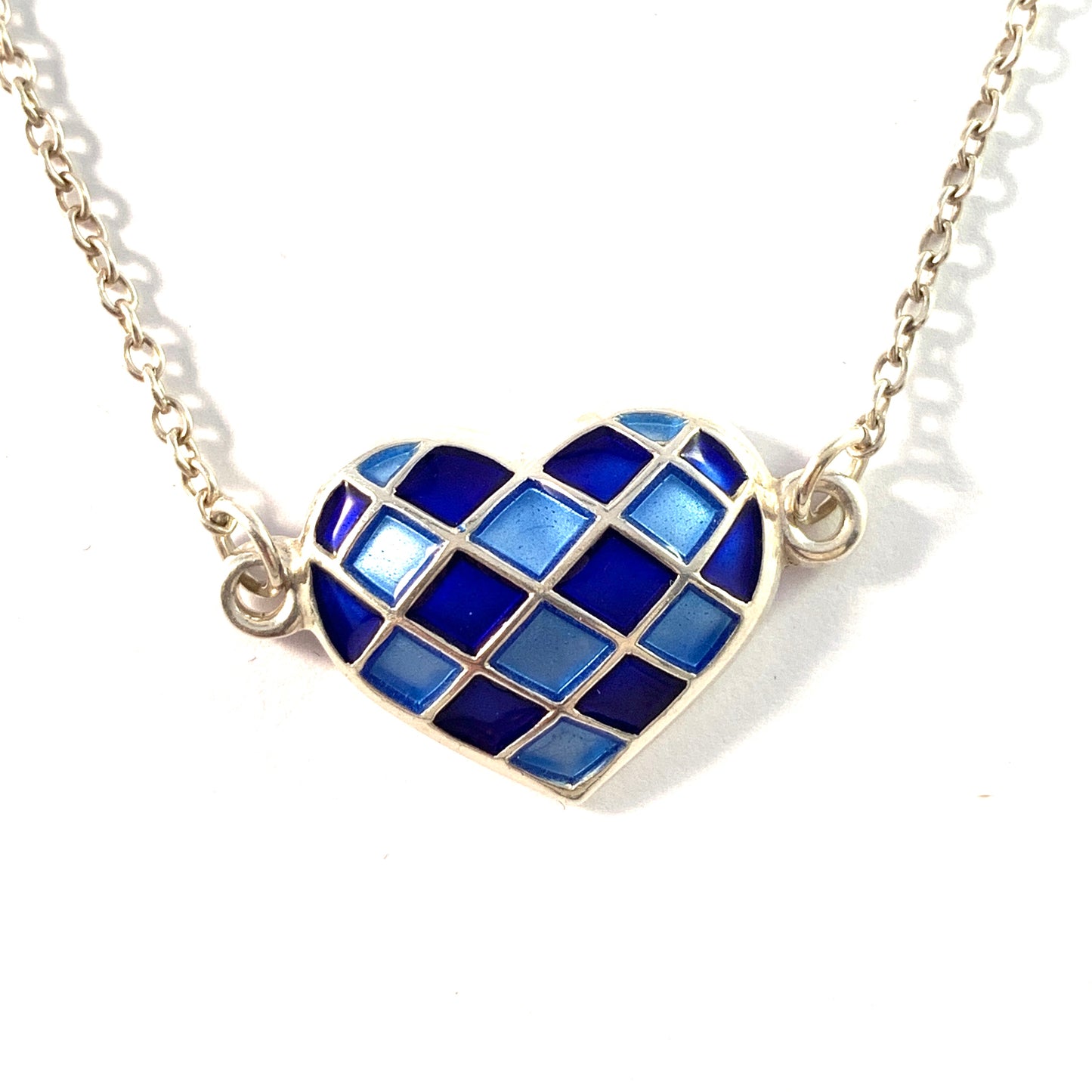David-Andersen, Norway. Vintage Sterling Silver Blue Enamel Heart Pendant Necklace.