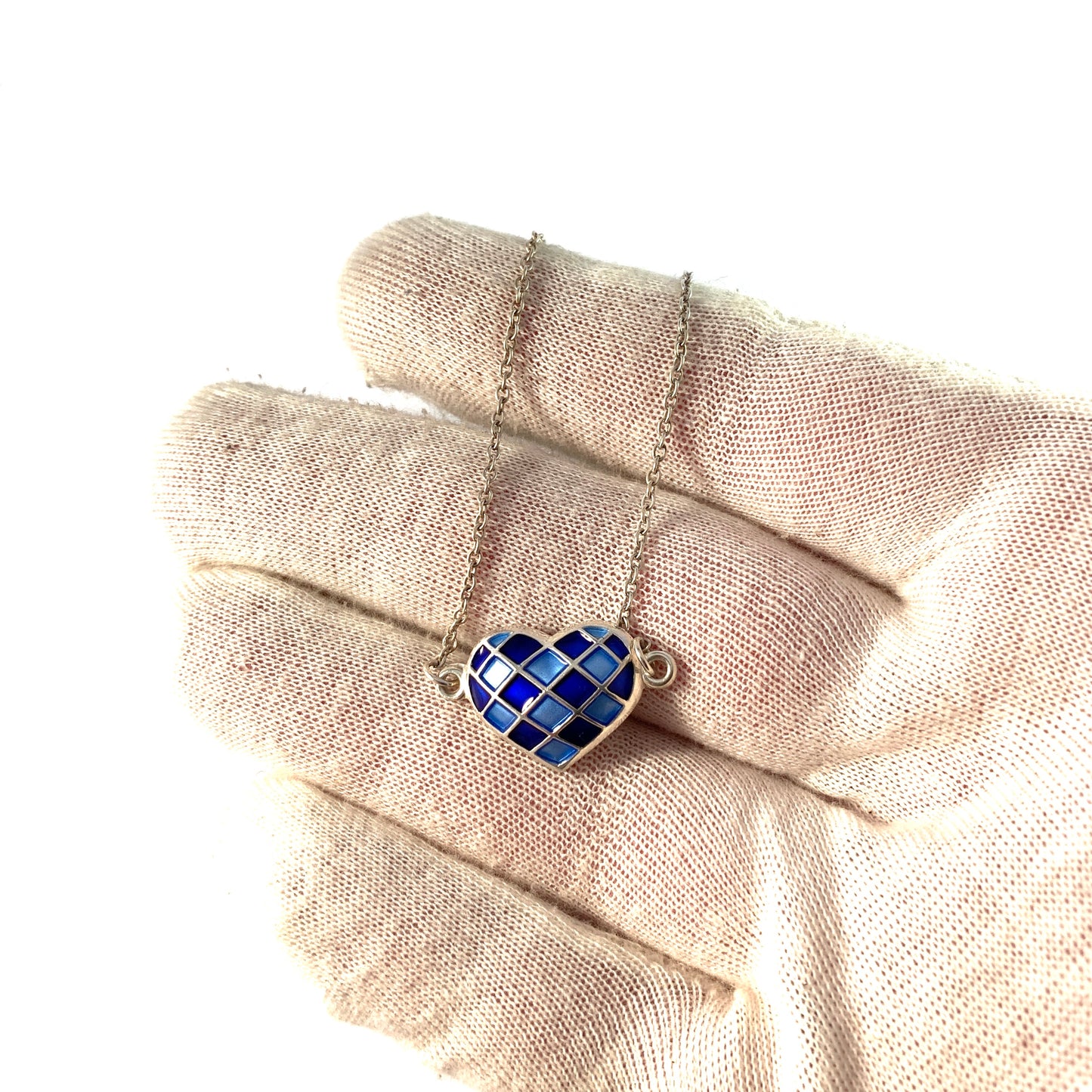 David-Andersen, Norway. Vintage Sterling Silver Blue Enamel Heart Pendant Necklace.