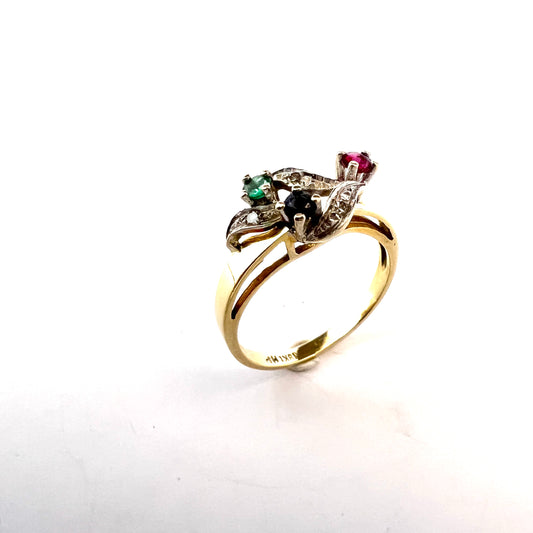 Vintage Mid-Century 18k Gold Diamond, Ruby, Sapphire Emerald Ring.