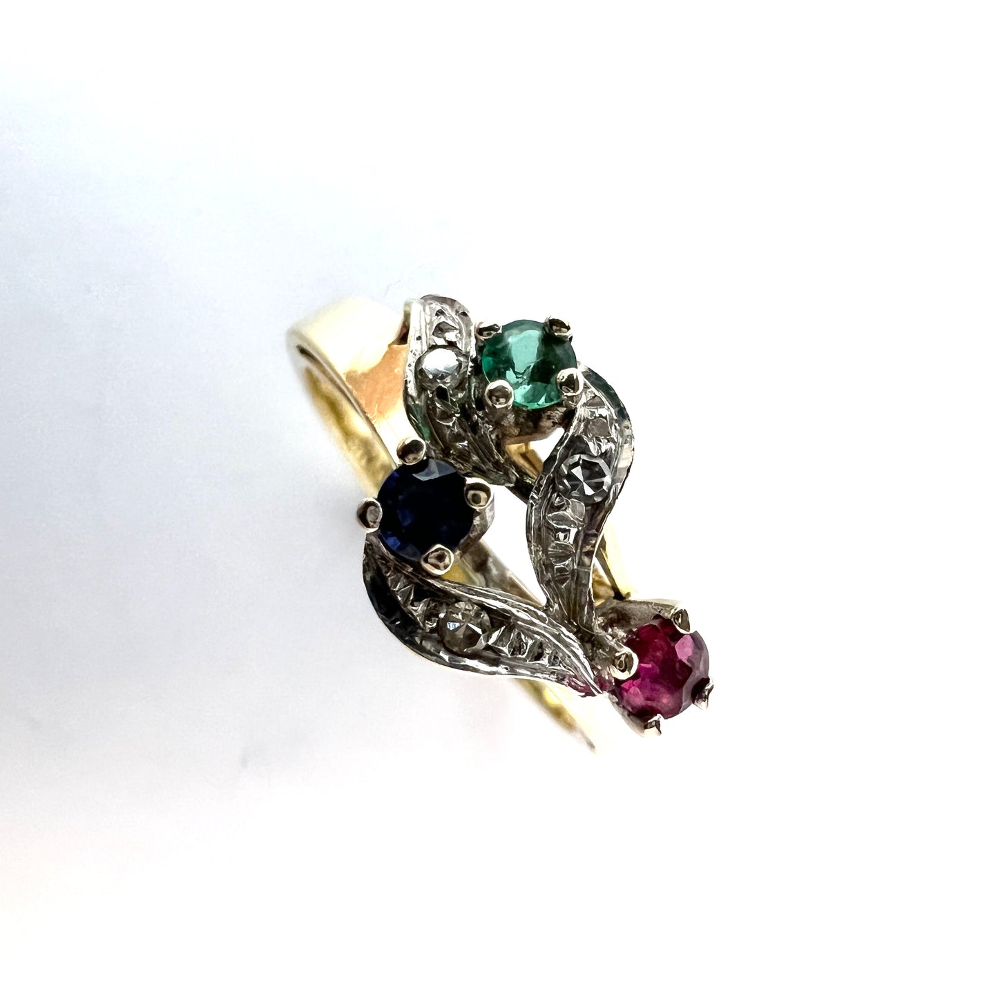 Vintage Mid-Century 18k Gold Diamond, Ruby, Sapphire Emerald Ring.