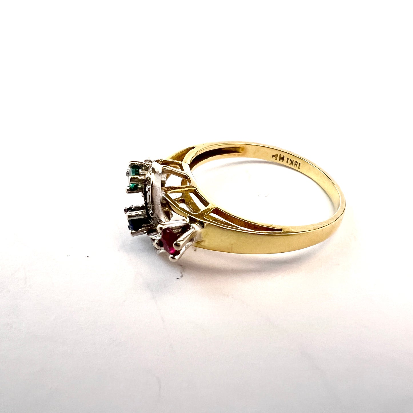 Vintage Mid-Century 18k Gold Diamond, Ruby, Sapphire Emerald Ring.