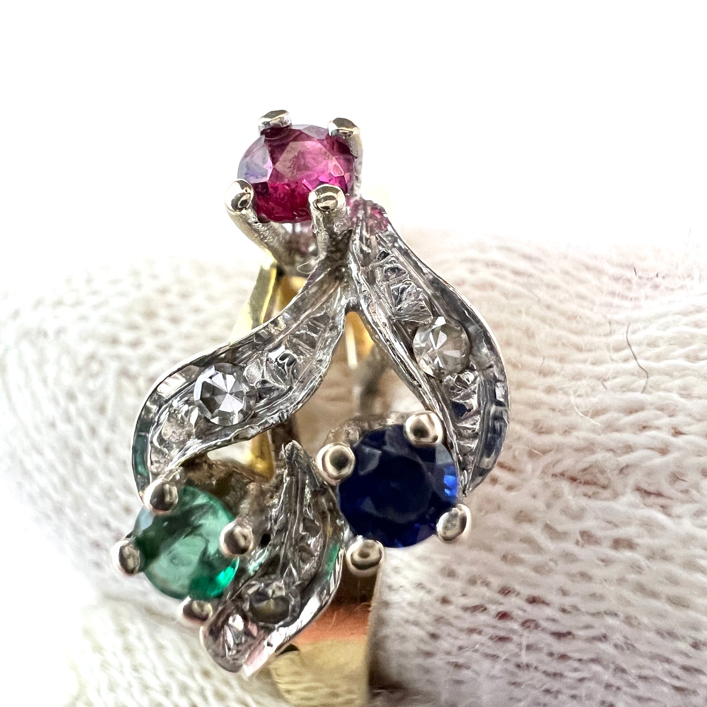 Vintage Mid-Century 18k Gold Diamond, Ruby, Sapphire Emerald Ring.