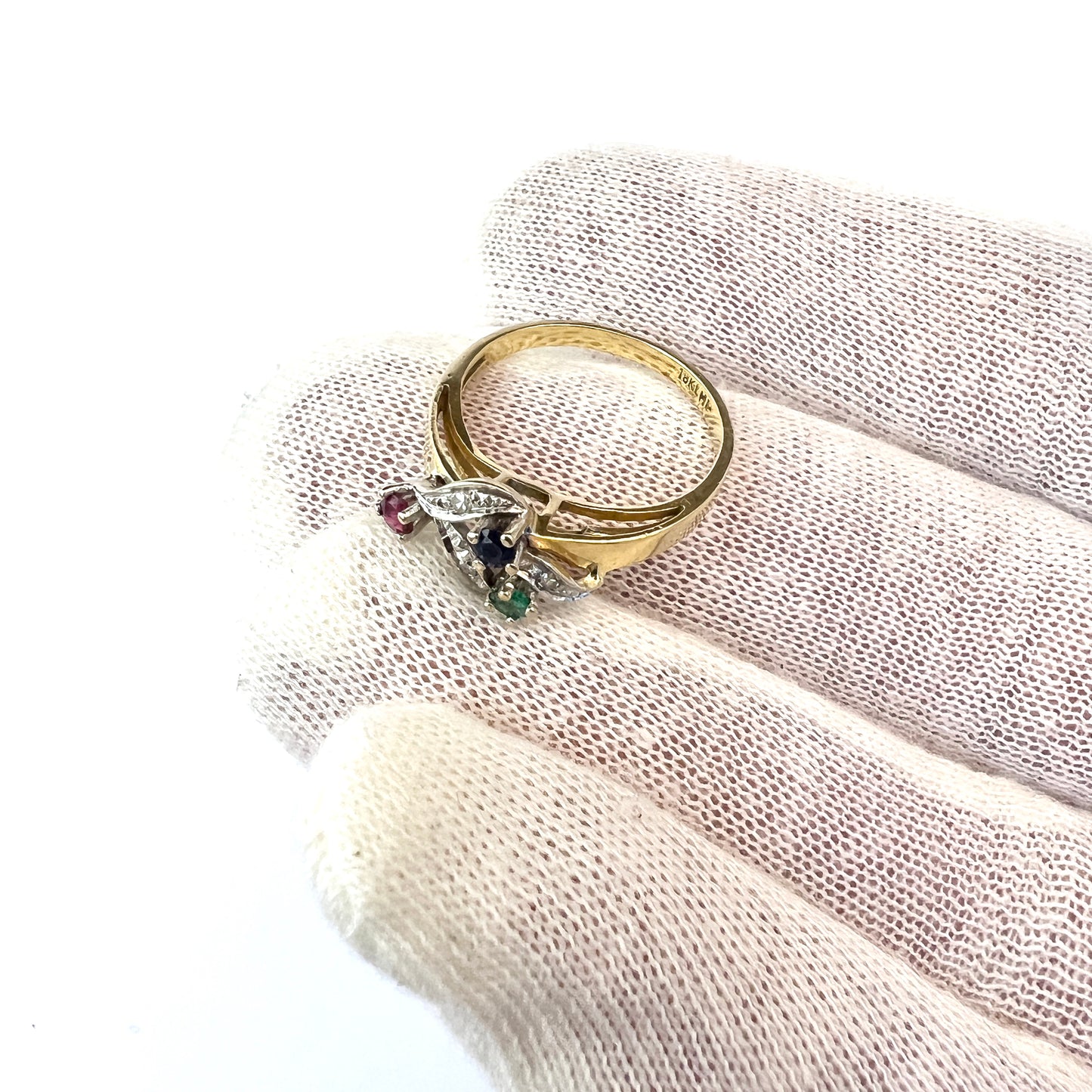 Vintage Mid-Century 18k Gold Diamond, Ruby, Sapphire Emerald Ring.