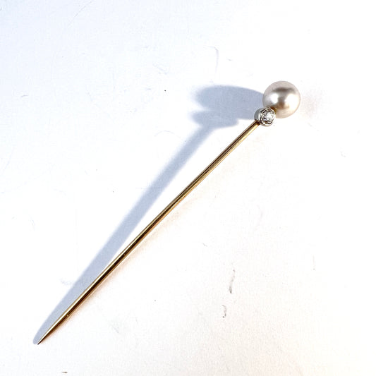 Early 1900s Diamond 10k Gold Cultured Pearl Stick Pin.
