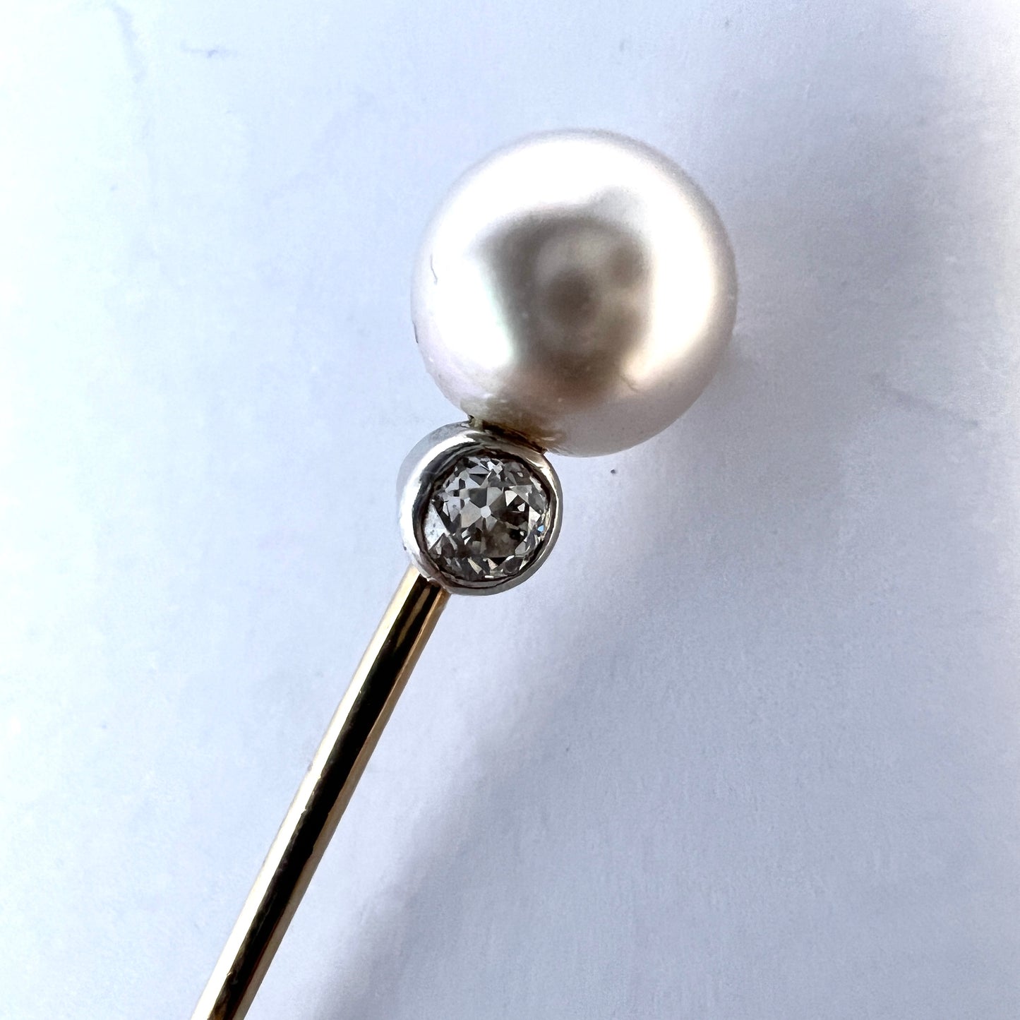 Early 1900s Diamond 10k Gold Cultured Pearl Stick Pin.