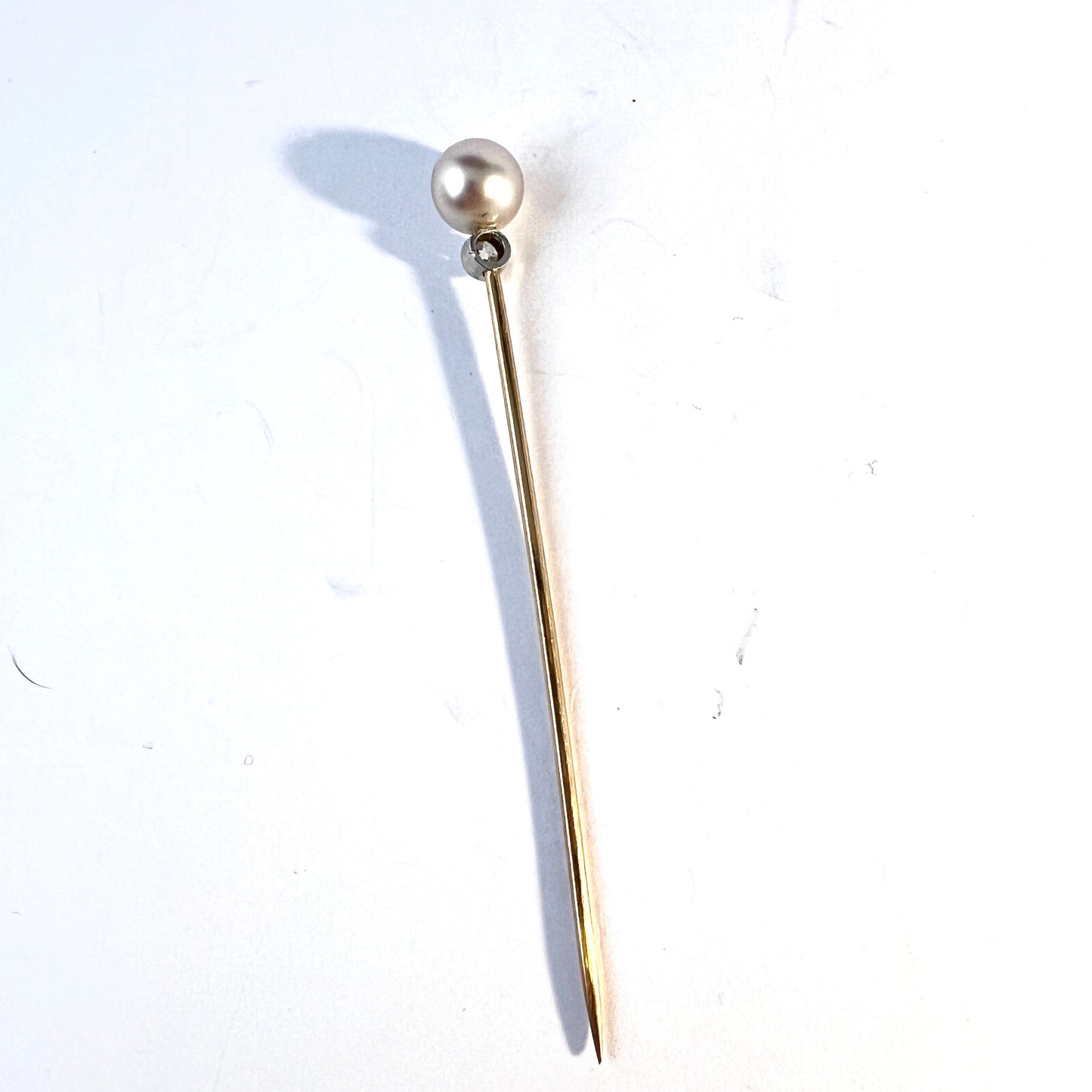 Early 1900s Diamond 10k Gold Cultured Pearl Stick Pin.