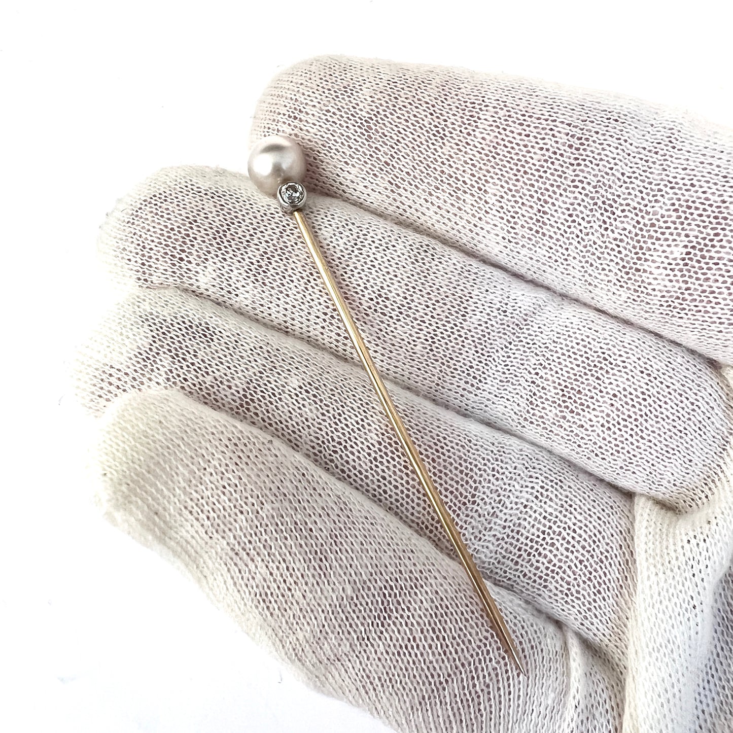 Early 1900s Diamond 10k Gold Cultured Pearl Stick Pin.