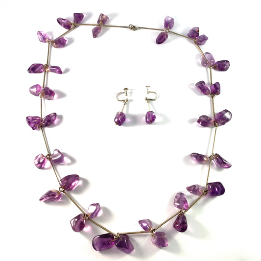 Vintage early 1940s WW2-Era Amethyst White Metal Silver Necklace and Earrings.