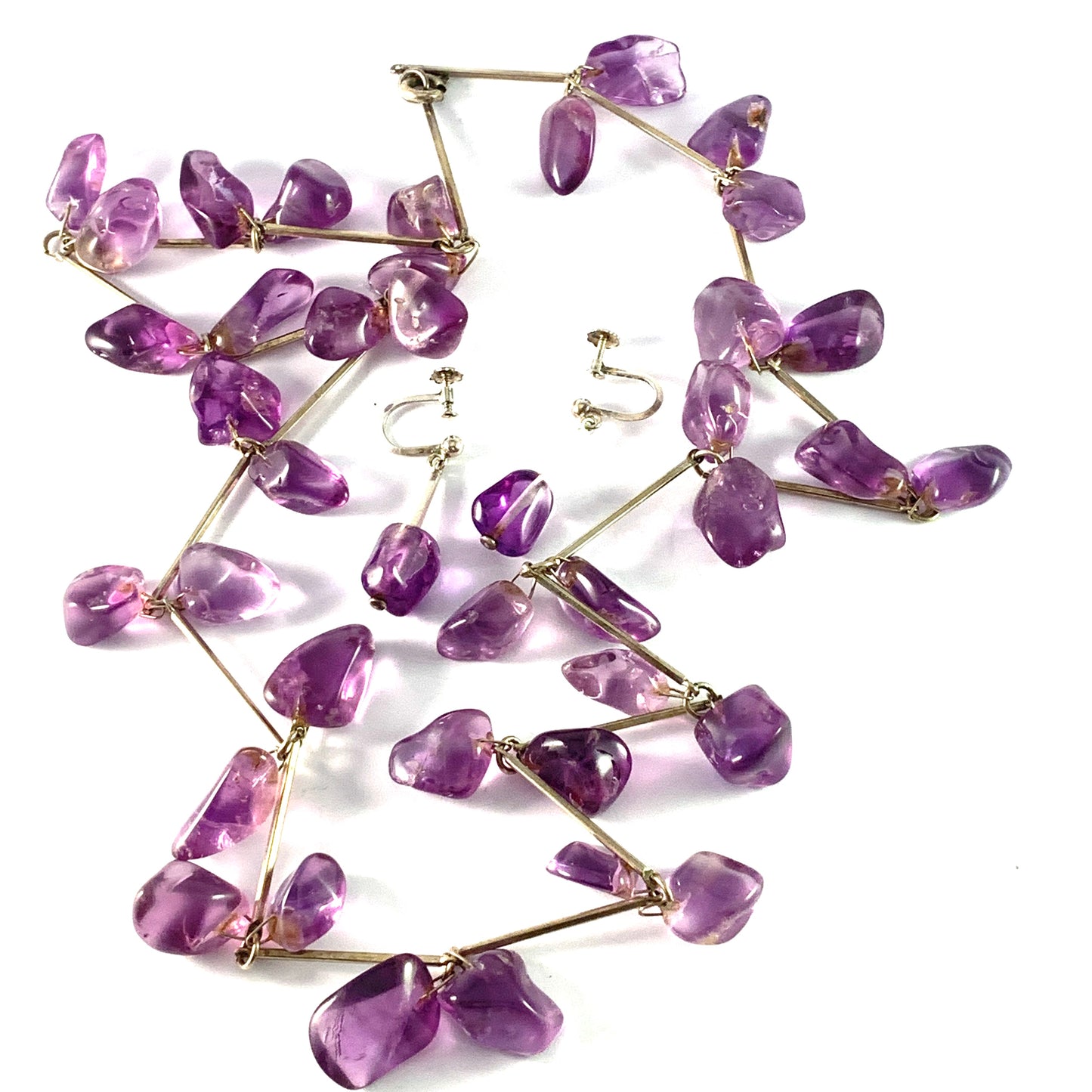 Vintage early 1940s WW2-Era Amethyst White Metal Silver Necklace and Earrings.