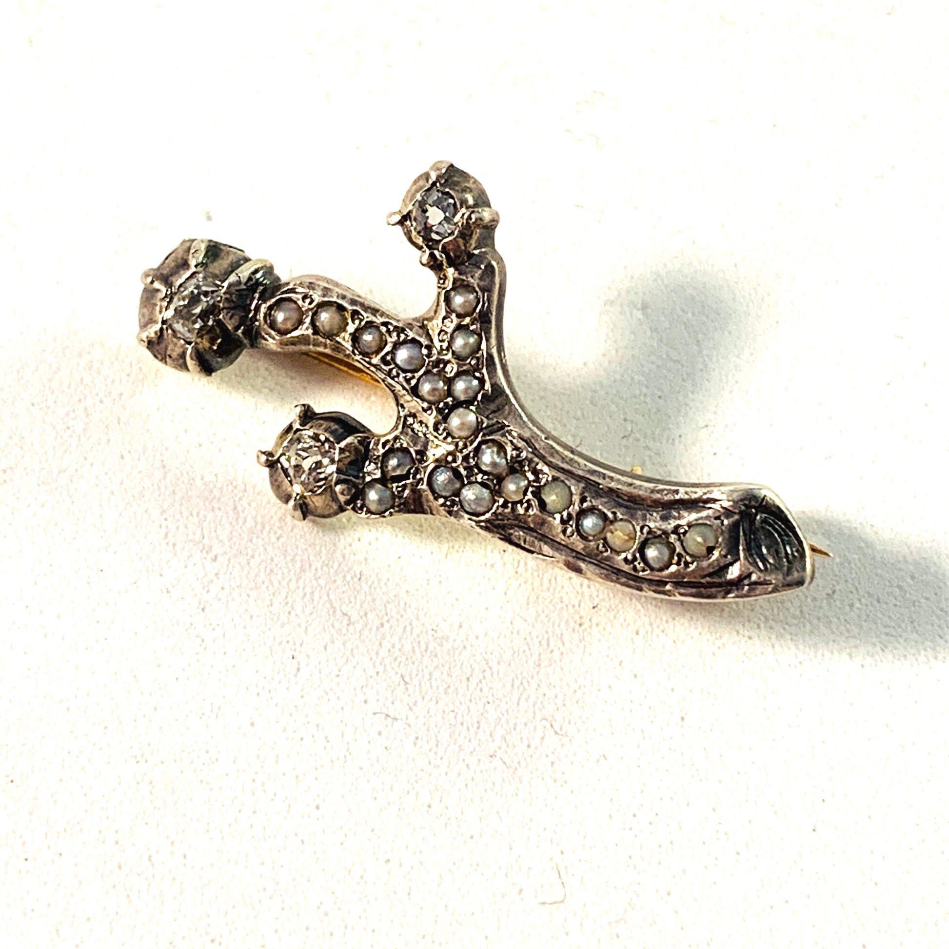 Edwardian 14k Gold Diamond Seed Pearl Halley’s Comet Brooch