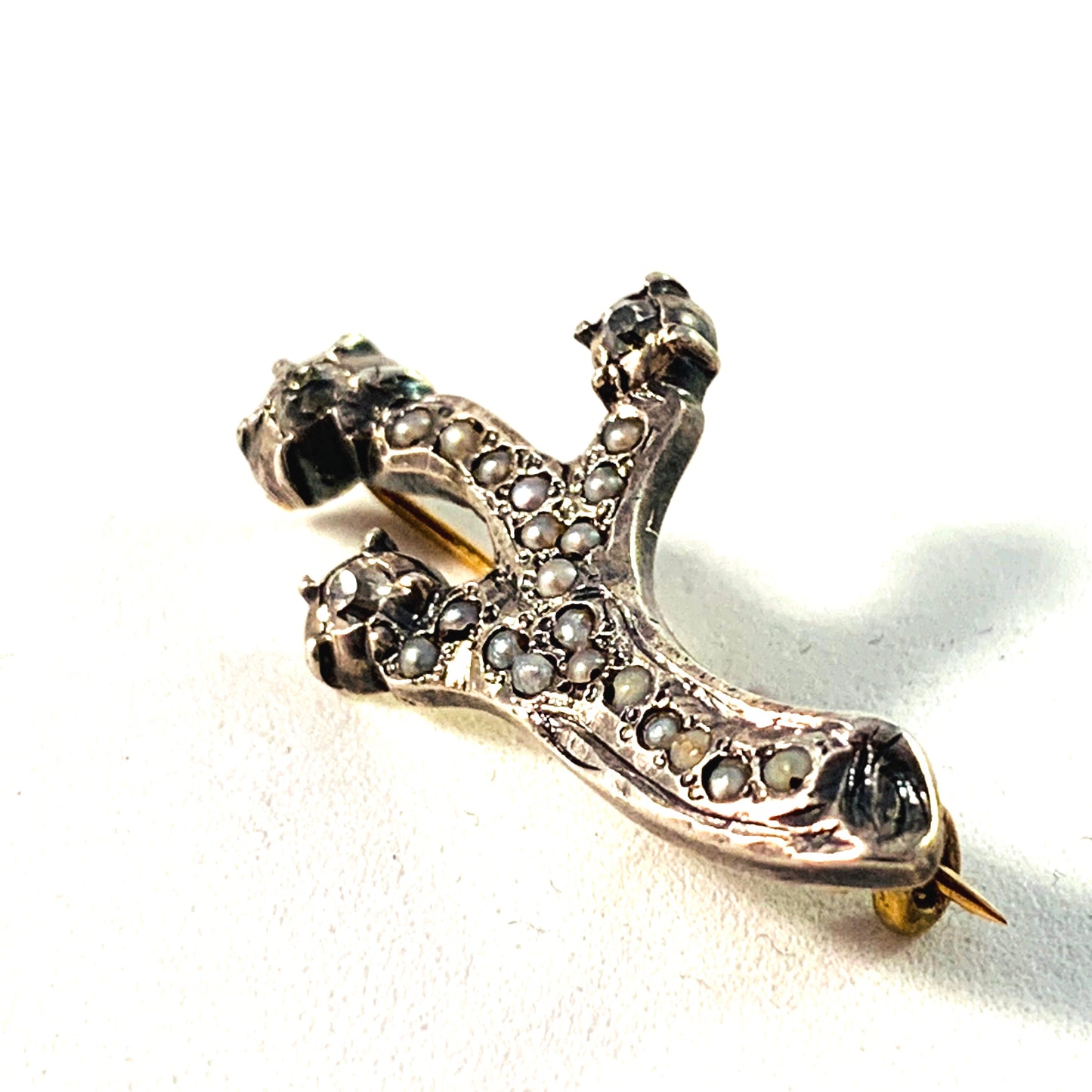 Edwardian 14k Gold Diamond Seed Pearl Halley’s Comet Brooch