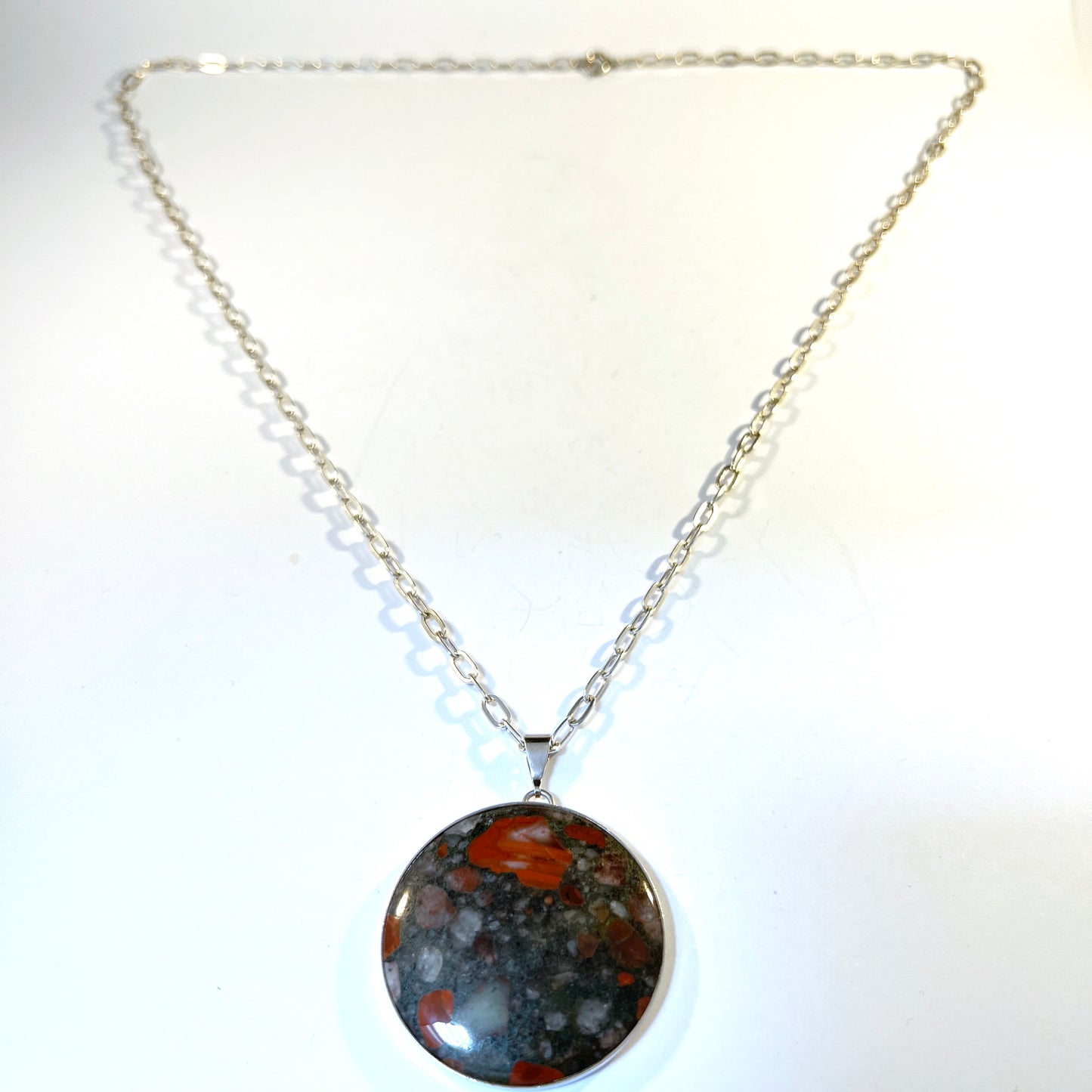 Stenlya, Sweden 1969. Vintage Solid Silver Porphyry Pendant Long Chain Necklace.