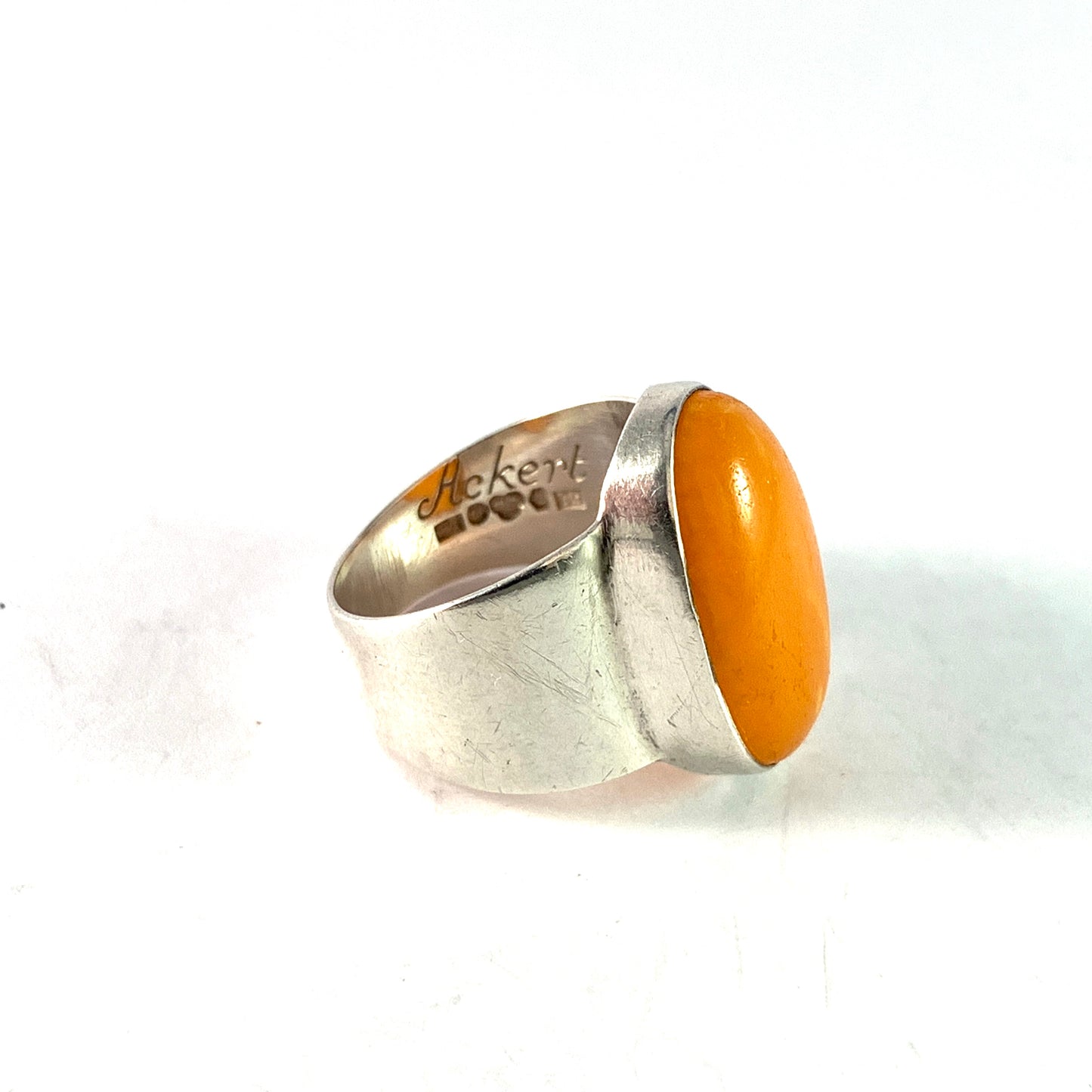 Acke R Tötterman, Sweden 1957 Sterling Silver Baltic Amber Ring. Signed.