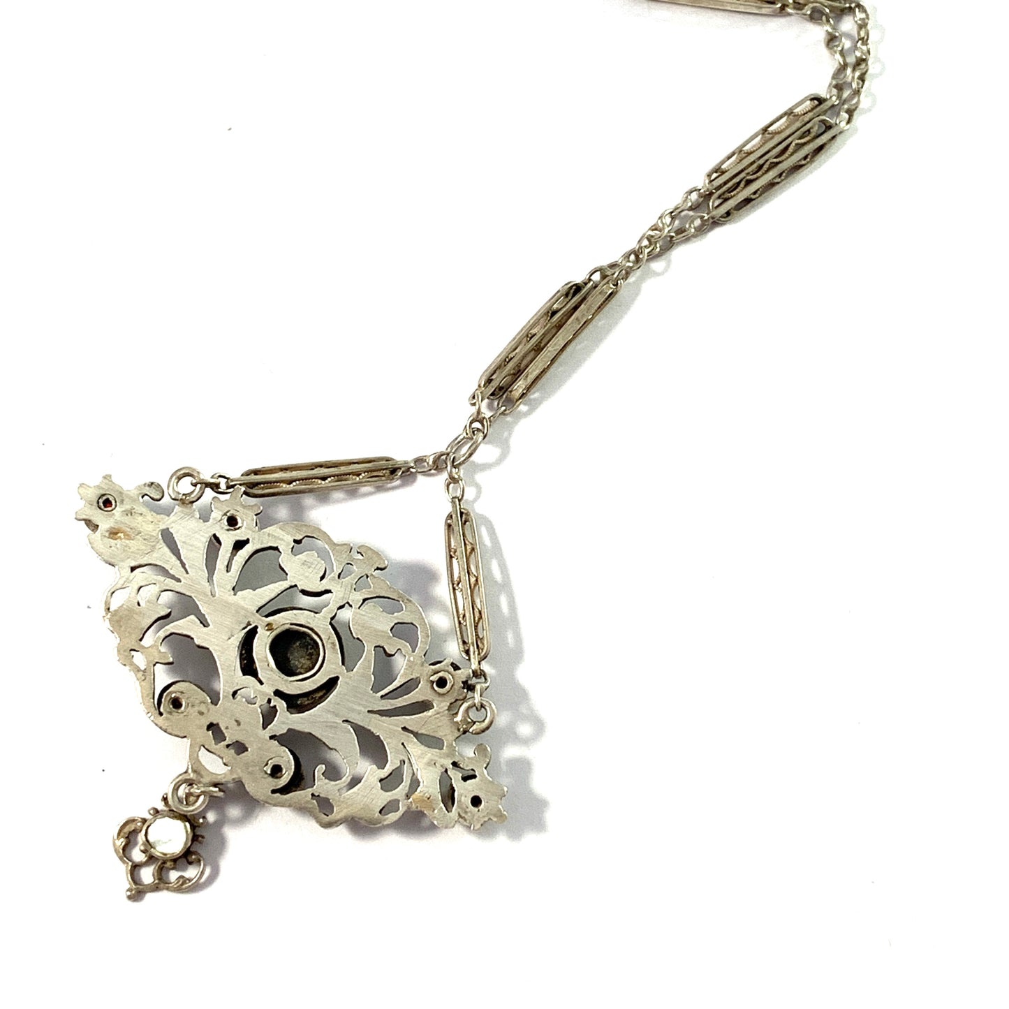 Maker EL, Germany c year 1900 Edwardian 800 Silver M o P Paste Stone Pendant Necklace.