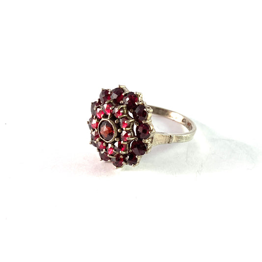 Vintage Mid Century Solid Silver Bohemian Garnet Cluster Ring.