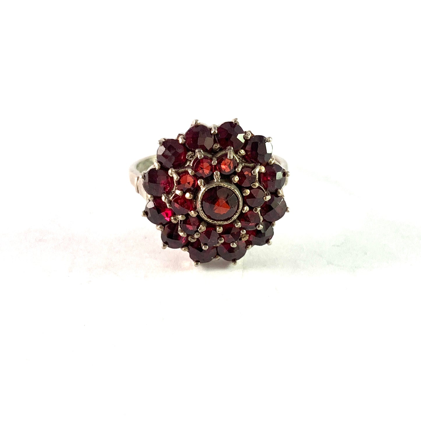 Vintage Mid Century Solid Silver Bohemian Garnet Cluster Ring.