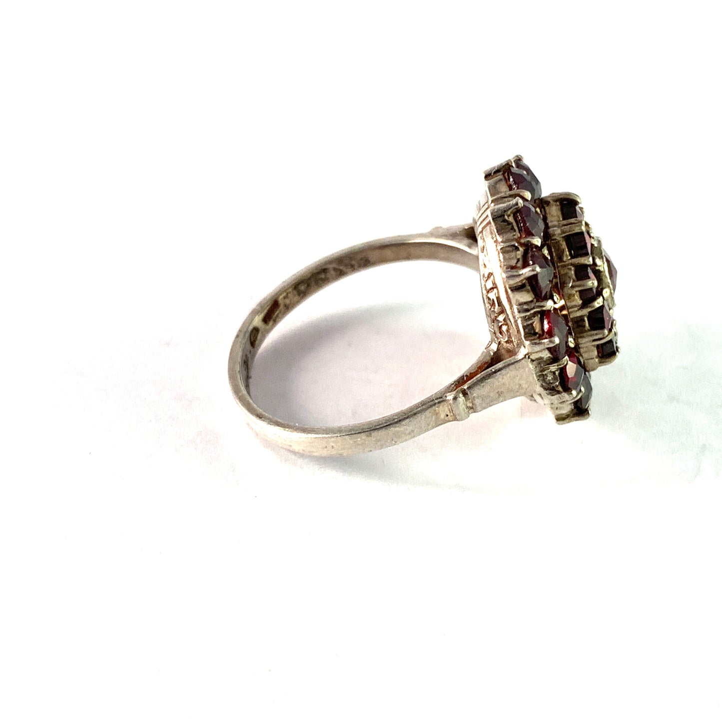 Vintage Mid Century Solid Silver Bohemian Garnet Cluster Ring.