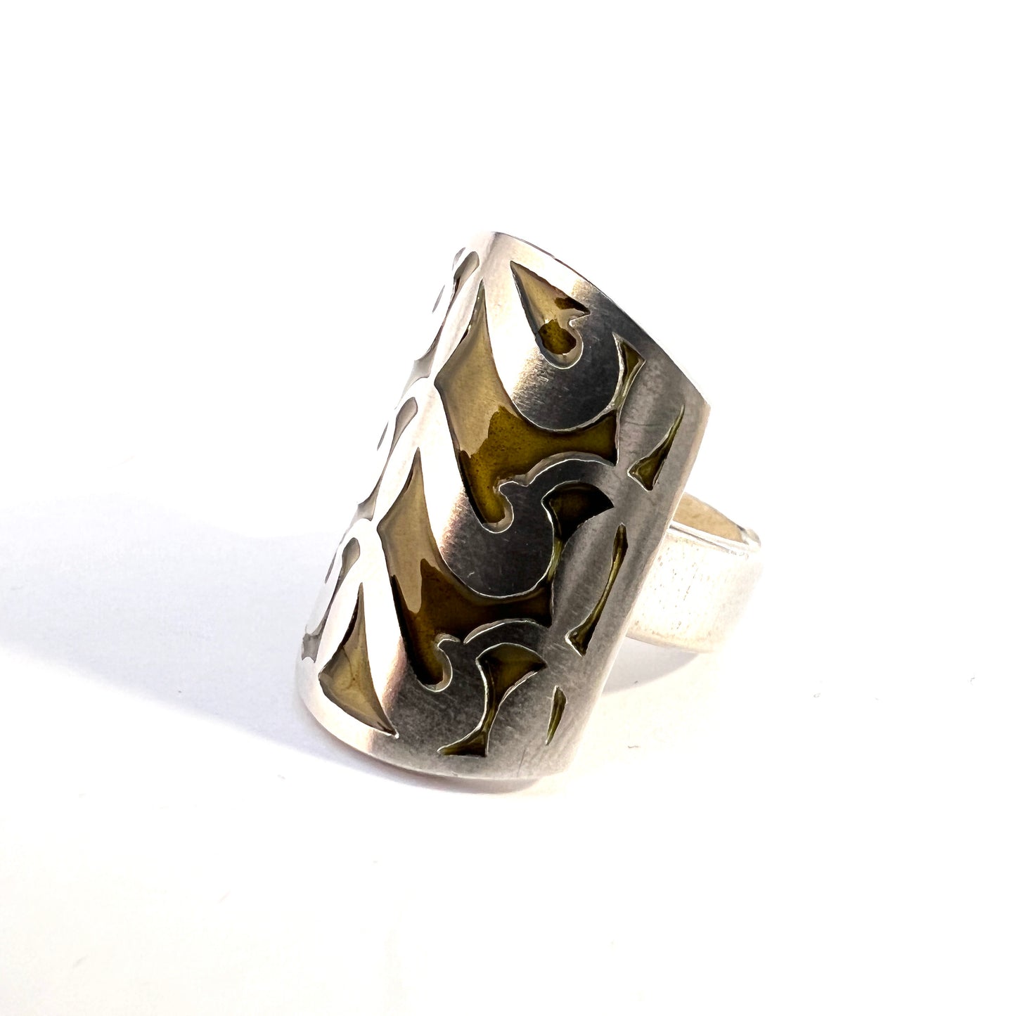 David-Andersen designer Millie Behrens Vintage Bold Sterling Silver Enamel Adjustable Size Ring.