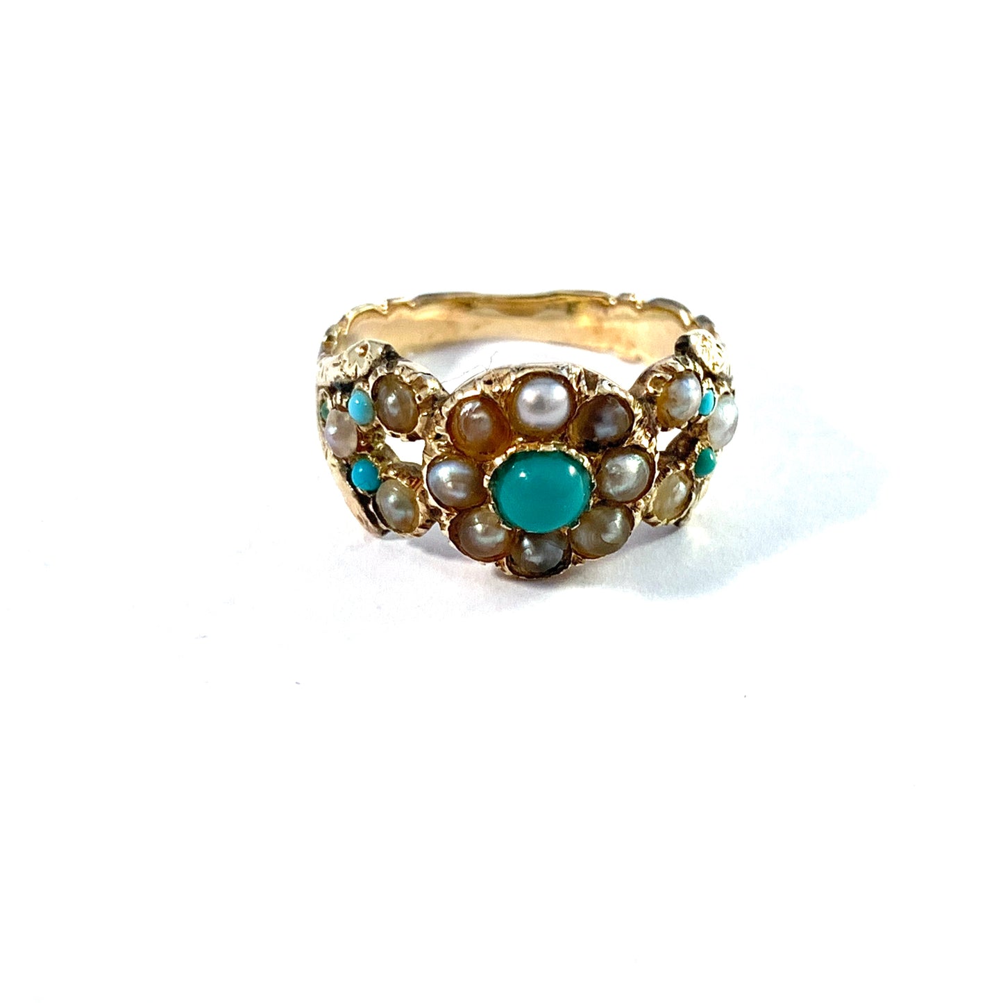 Sweden year 1822. Georgian 18k Gold Turquoise Seed Pearl Ring.