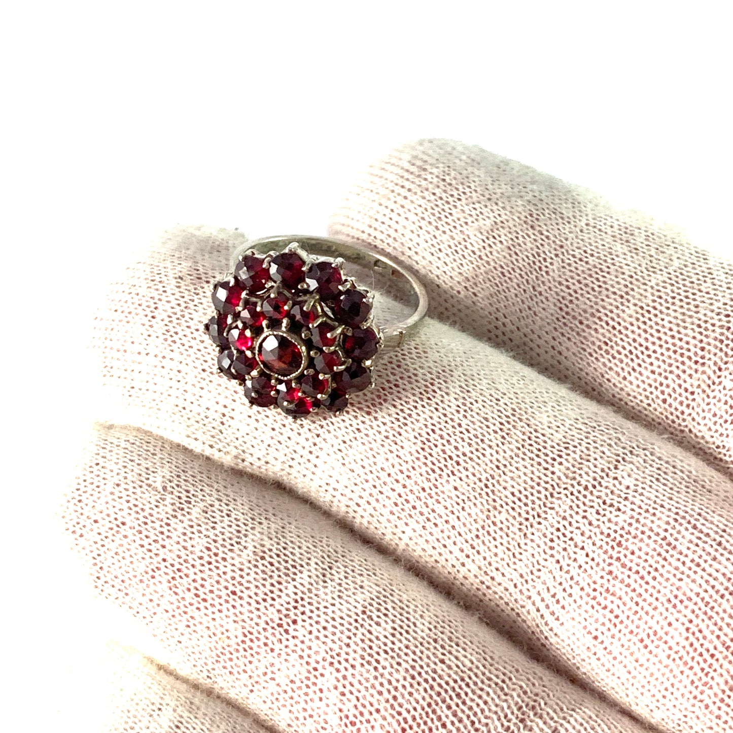 Vintage Mid Century Solid Silver Bohemian Garnet Cluster Ring.