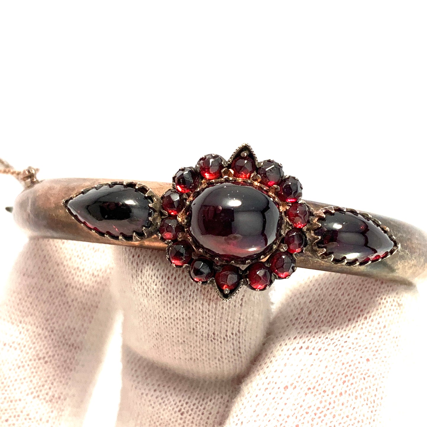 Mid Century Sterling Silver Bohemian Garnet Open/Close Bangle Bracelet.