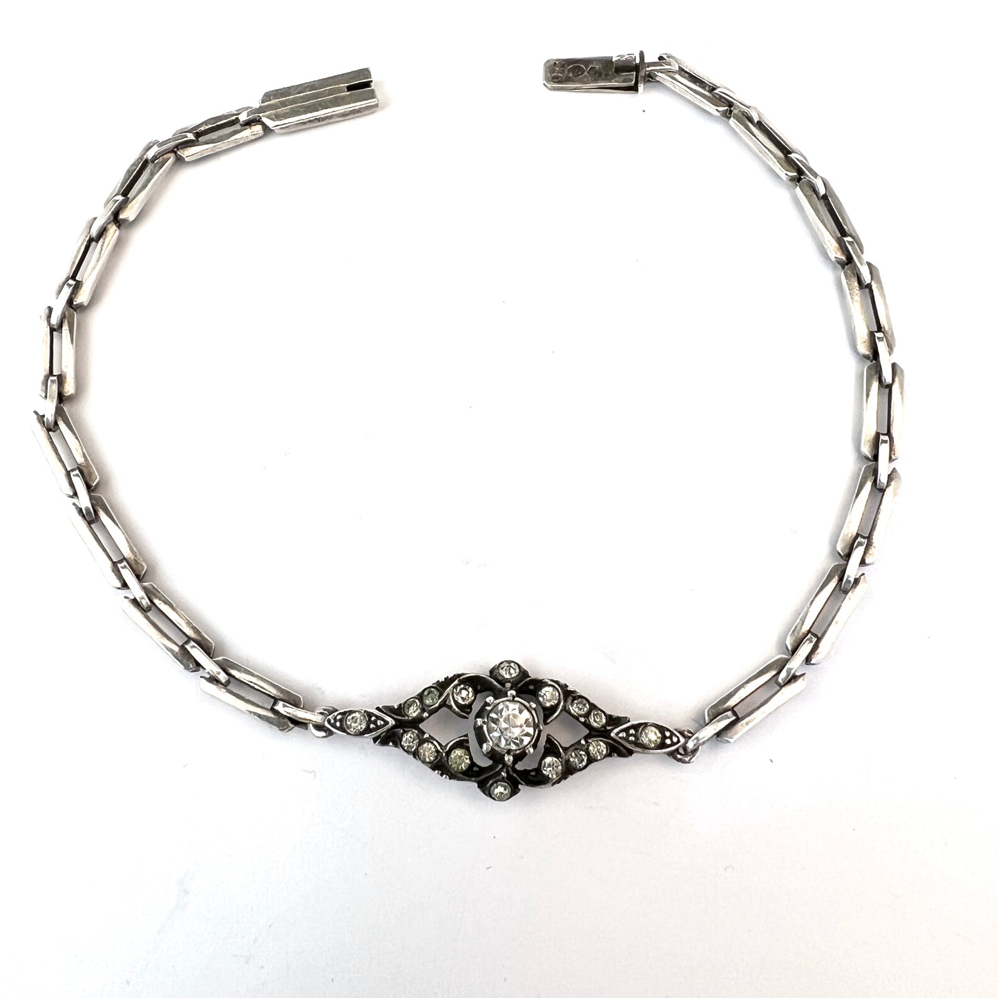 1920-30s. Solid 935 Sterling Silver Foil Back Paste Stone Bracelet.