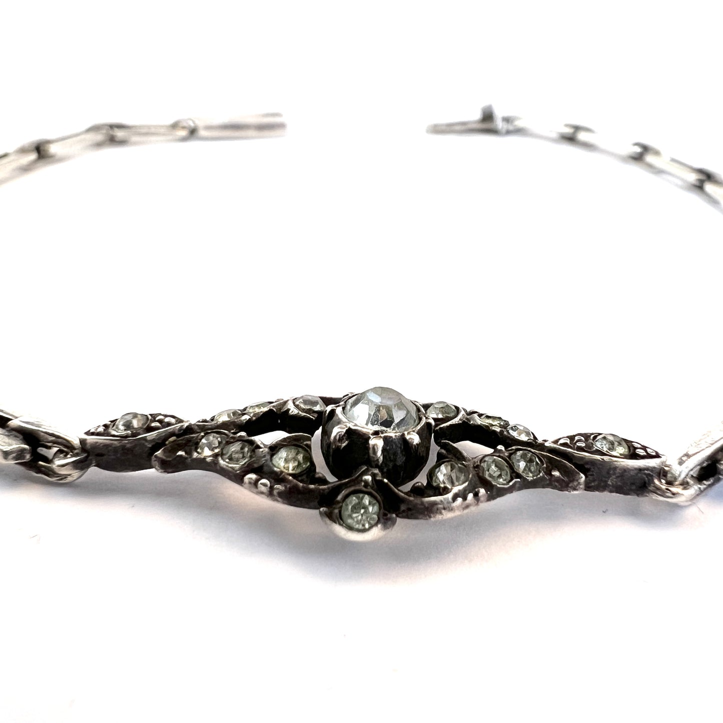 1920-30s. Solid 935 Sterling Silver Foil Back Paste Stone Bracelet.