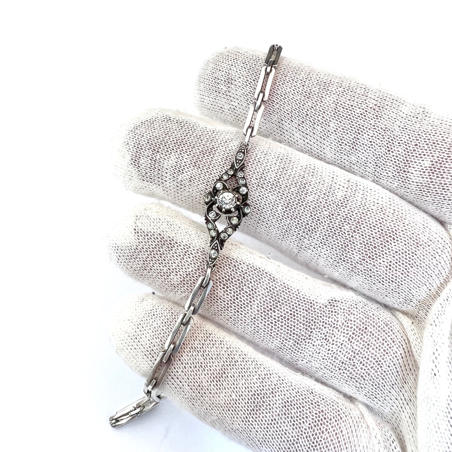 1920-30s. Solid 935 Sterling Silver Foil Back Paste Stone Bracelet.