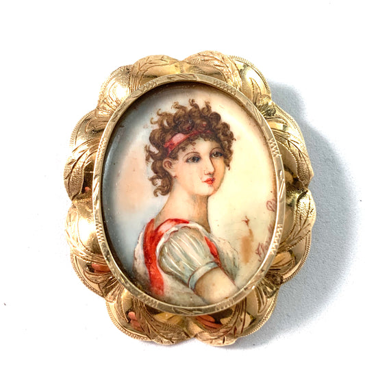 Paris, France late 1800s Victorian 14k Gold Miniature Painting Brooch Pendant.