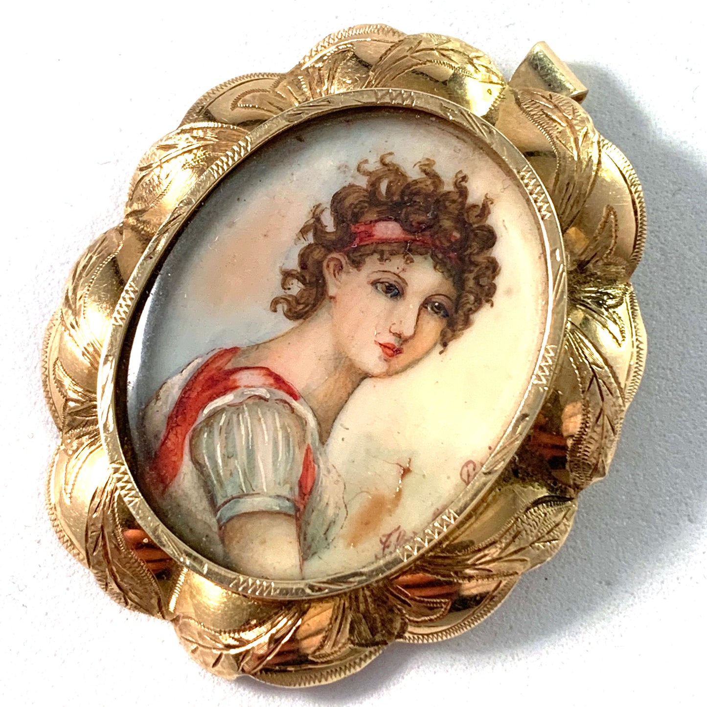 Paris, France late 1800s Victorian 14k Gold Miniature Painting Brooch Pendant.
