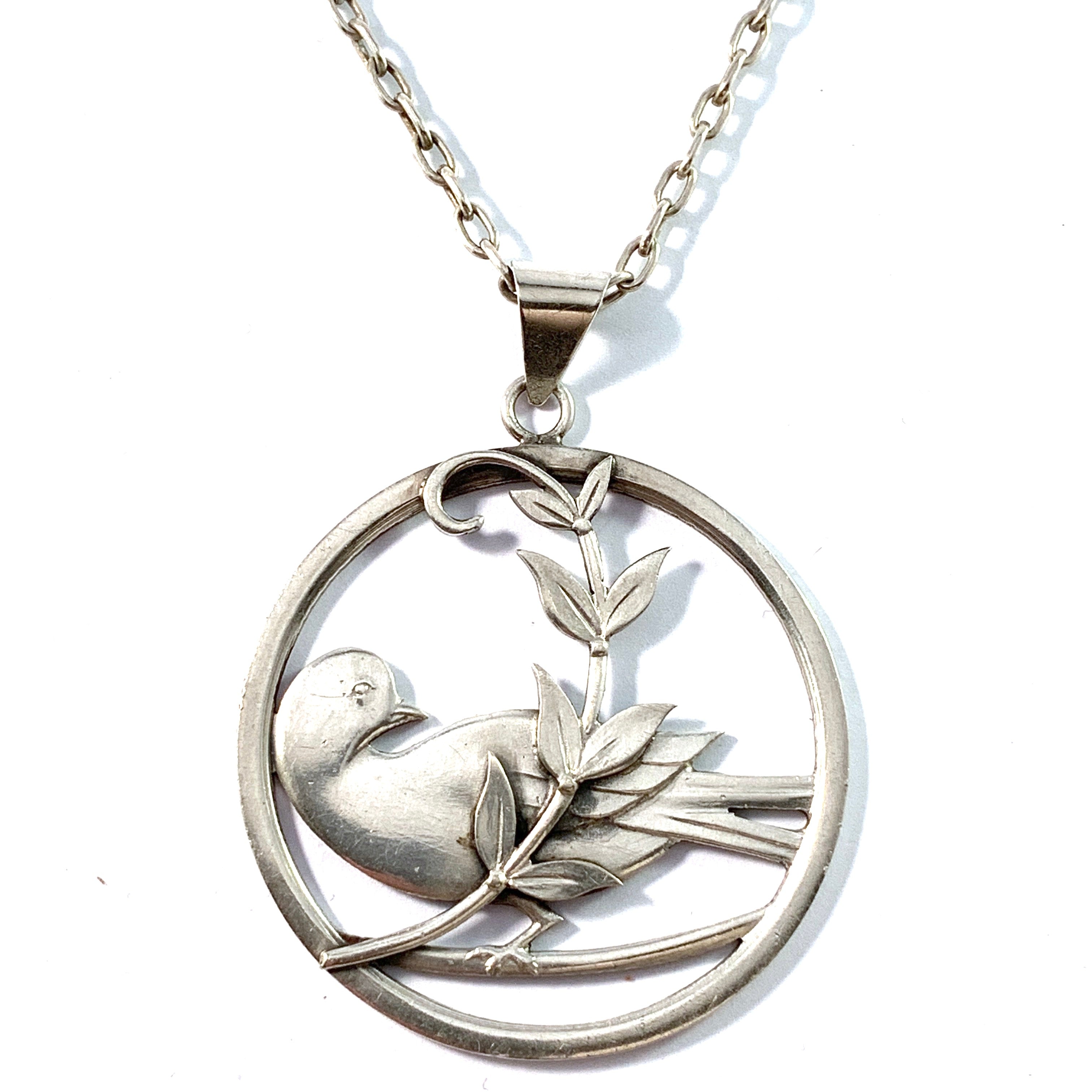 SH Mathiesen, Denmark 1896-1937. Solid 830 Silver Peace Dove Pendant Necklace.