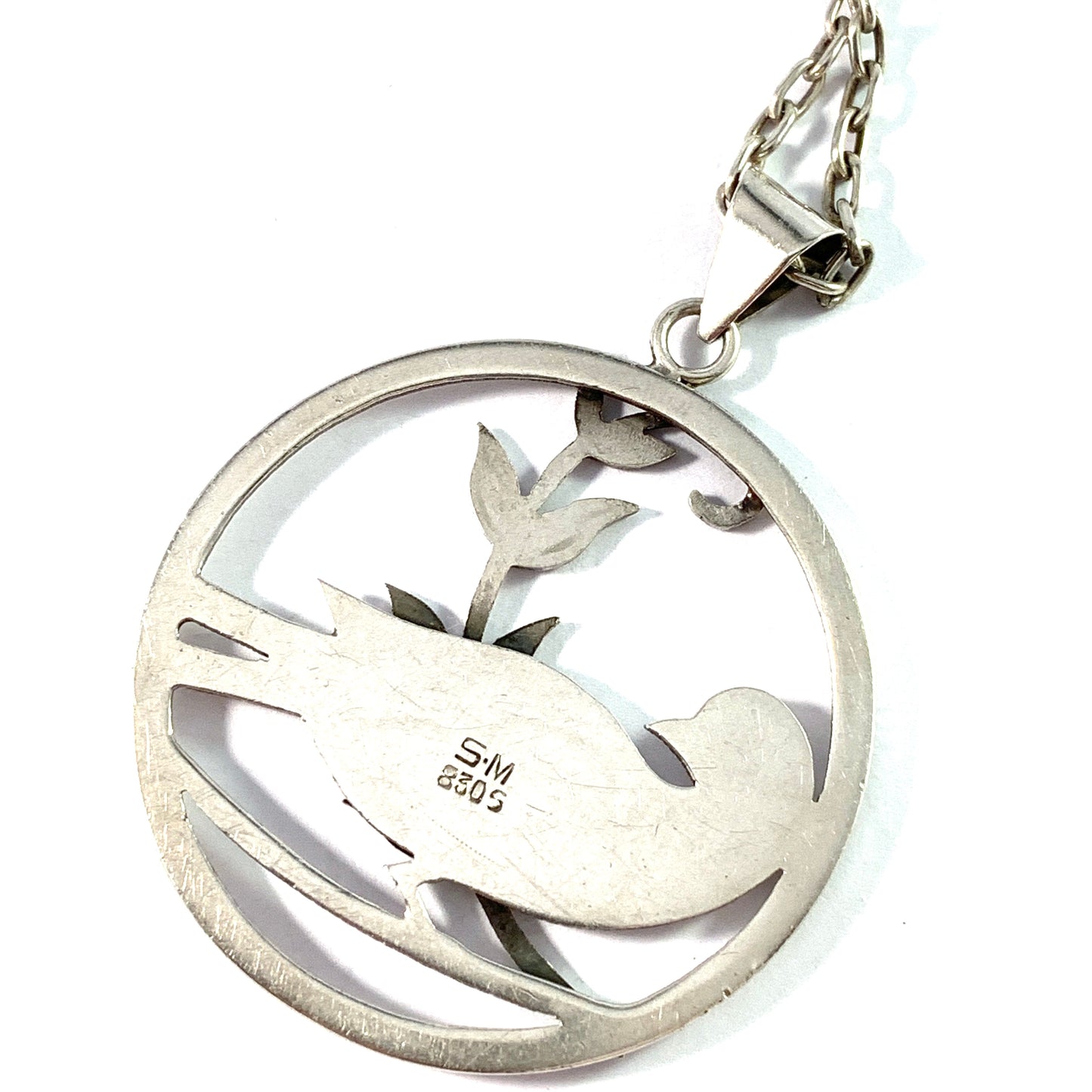 SH Mathiesen, Denmark 1896-1937. Solid 830 Silver Peace Dove Pendant Necklace.