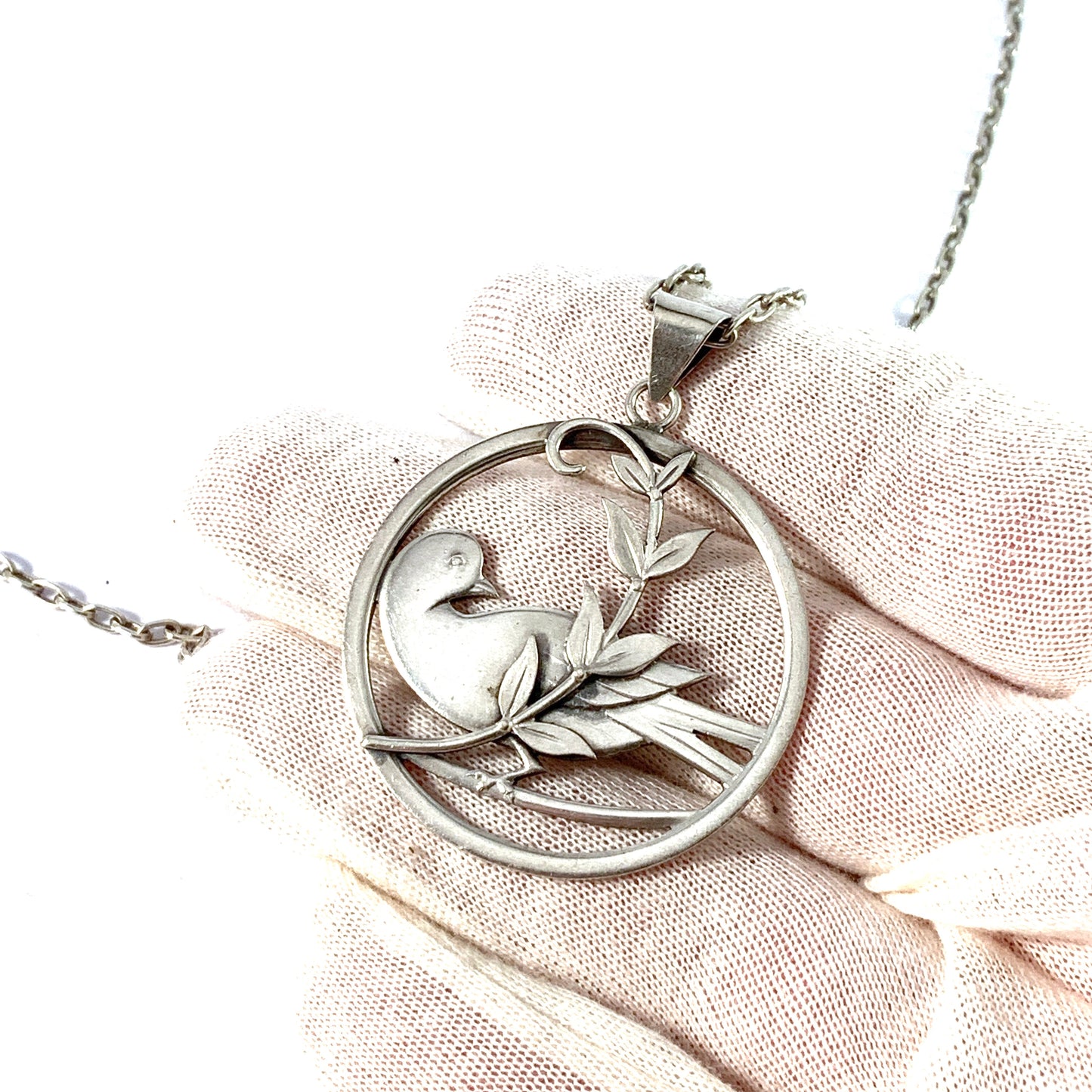 SH Mathiesen, Denmark 1896-1937. Solid 830 Silver Peace Dove Pendant Necklace.