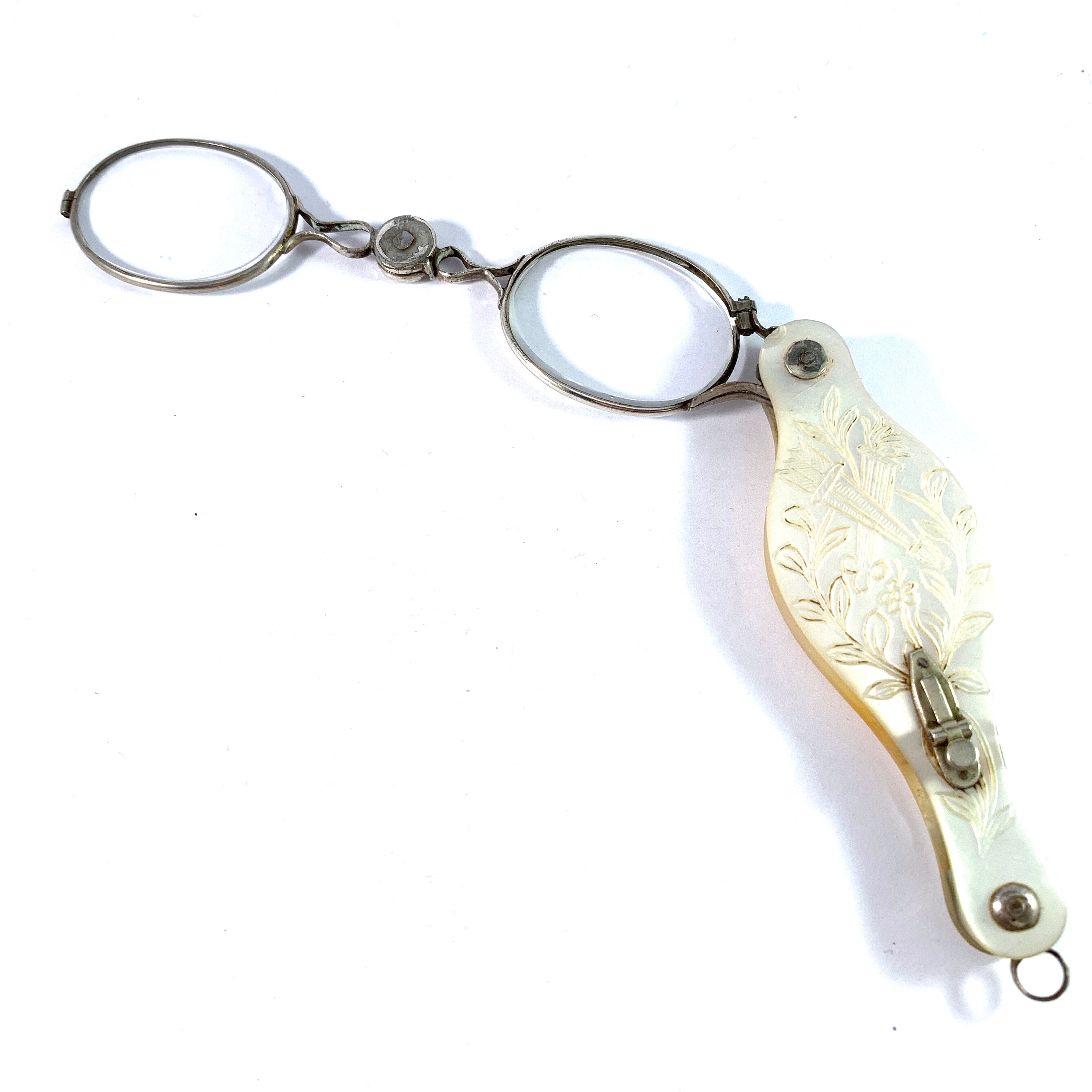 Antique c year 1900. Mother of Pearl Metal Lorgnette Glasses Pendant.