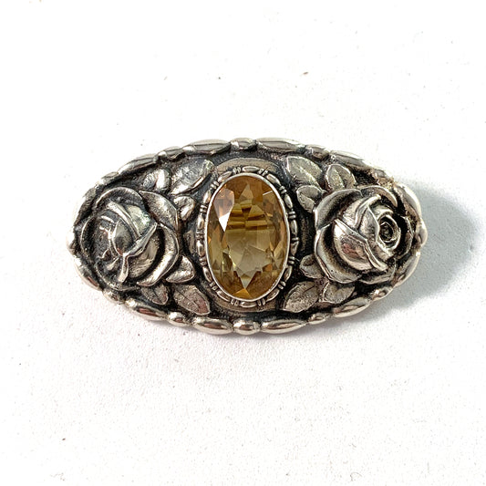 Martin Mayer, Mainz, Germany c 1920 Art Nouveau Silver Citrine Brooch