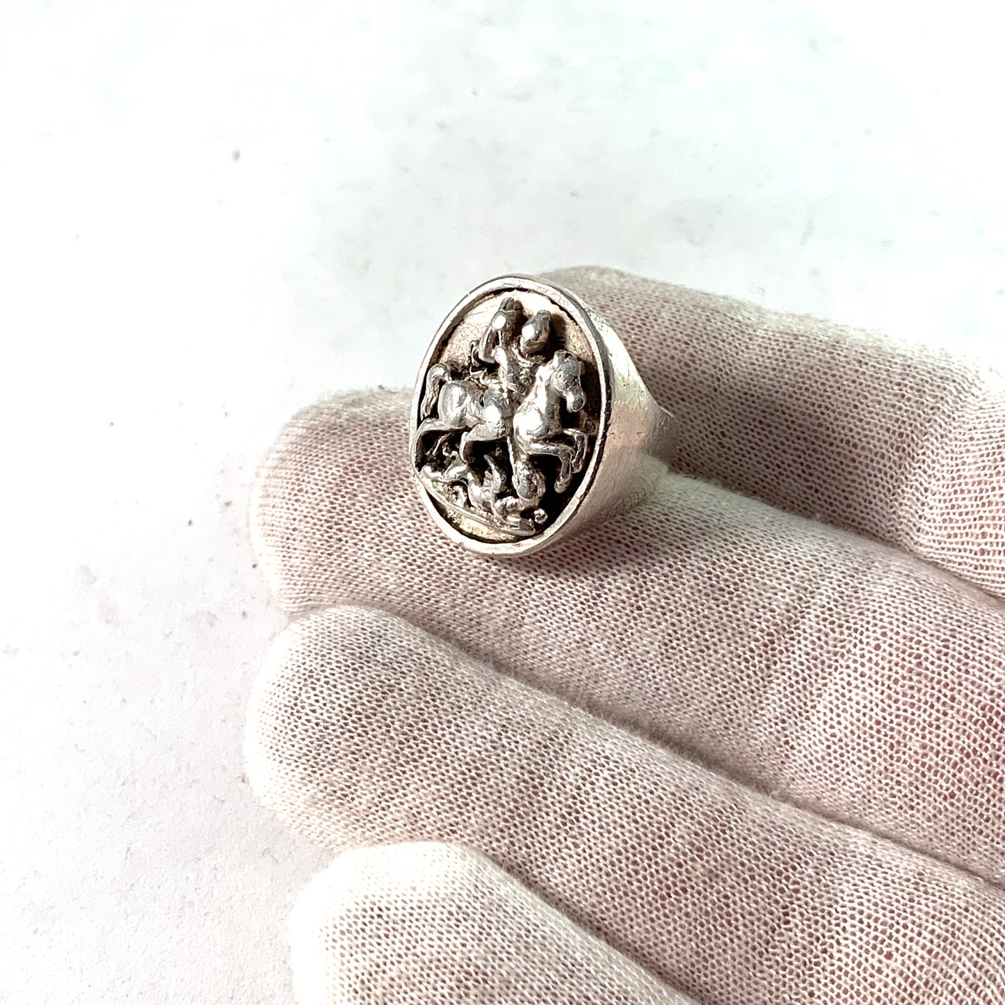 Maker SM, France c year 1890 Antique Sterling St George and the Dragon Ring