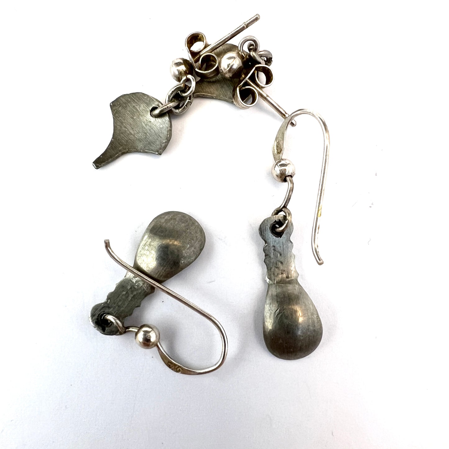 Sweden, Vintage Pewter Silver Traditional Sami Laplander Earrings. 2 pair.