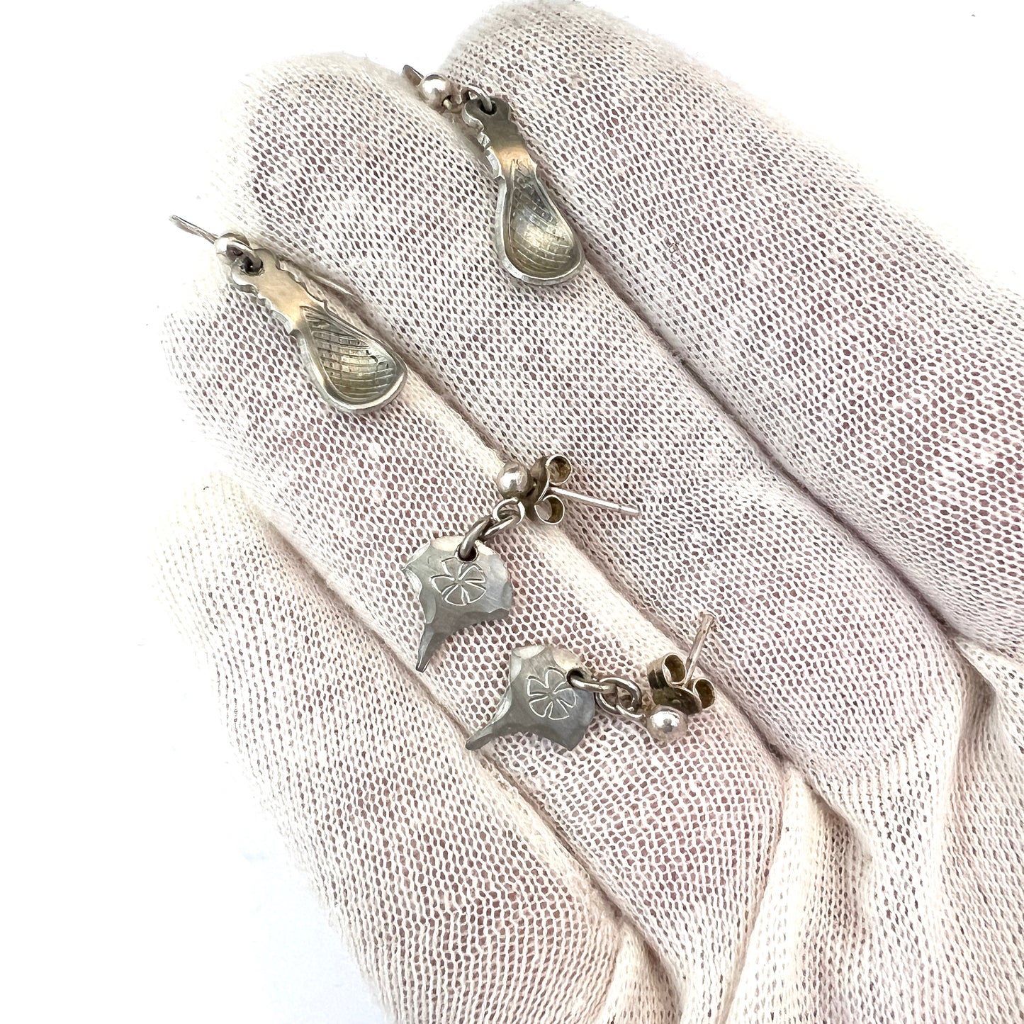 Sweden, Vintage Pewter Silver Traditional Sami Laplander Earrings. 2 pair.