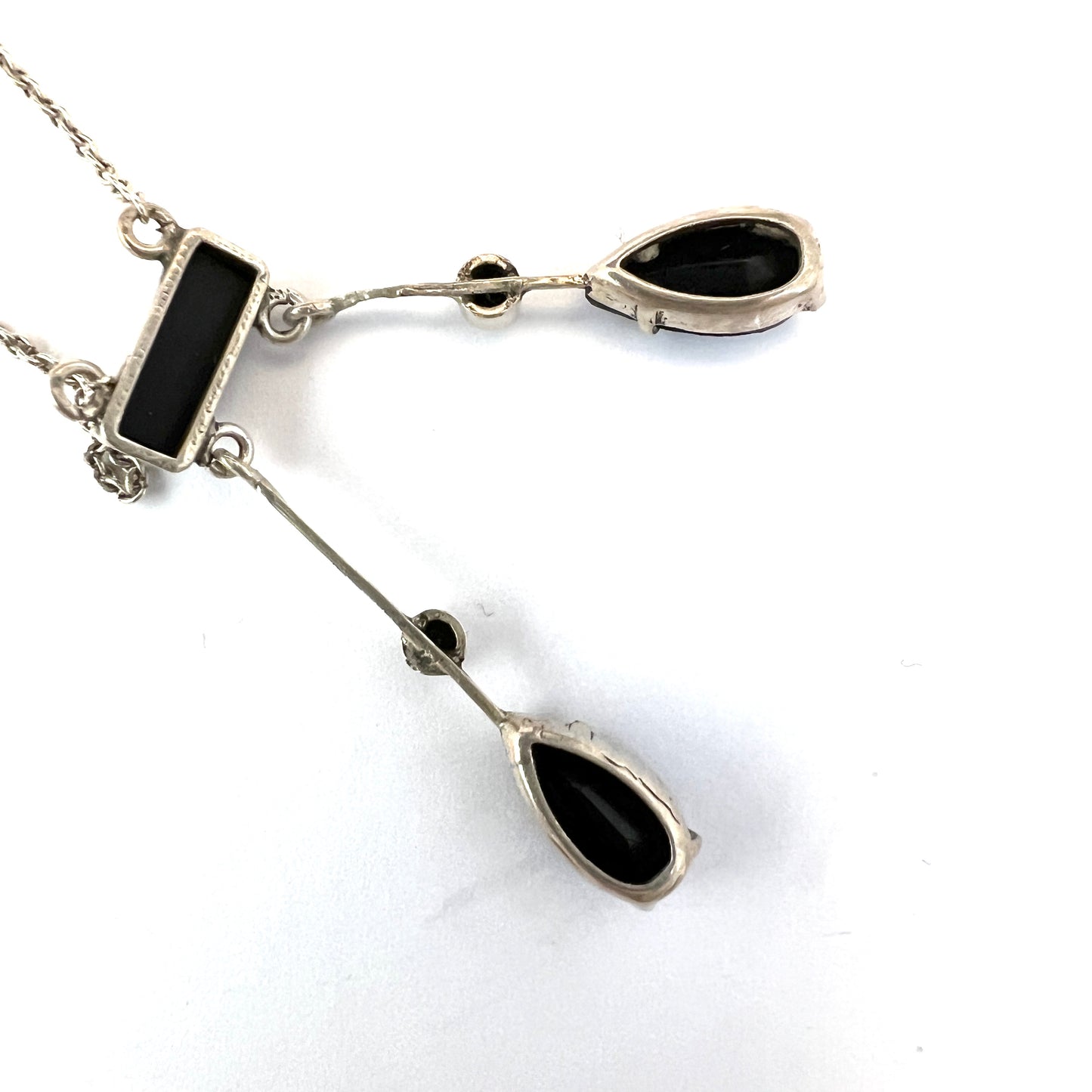 Sweden c 1920s. Antique Art Deco Solid Silver Paste French Jet Negligee Necklace.