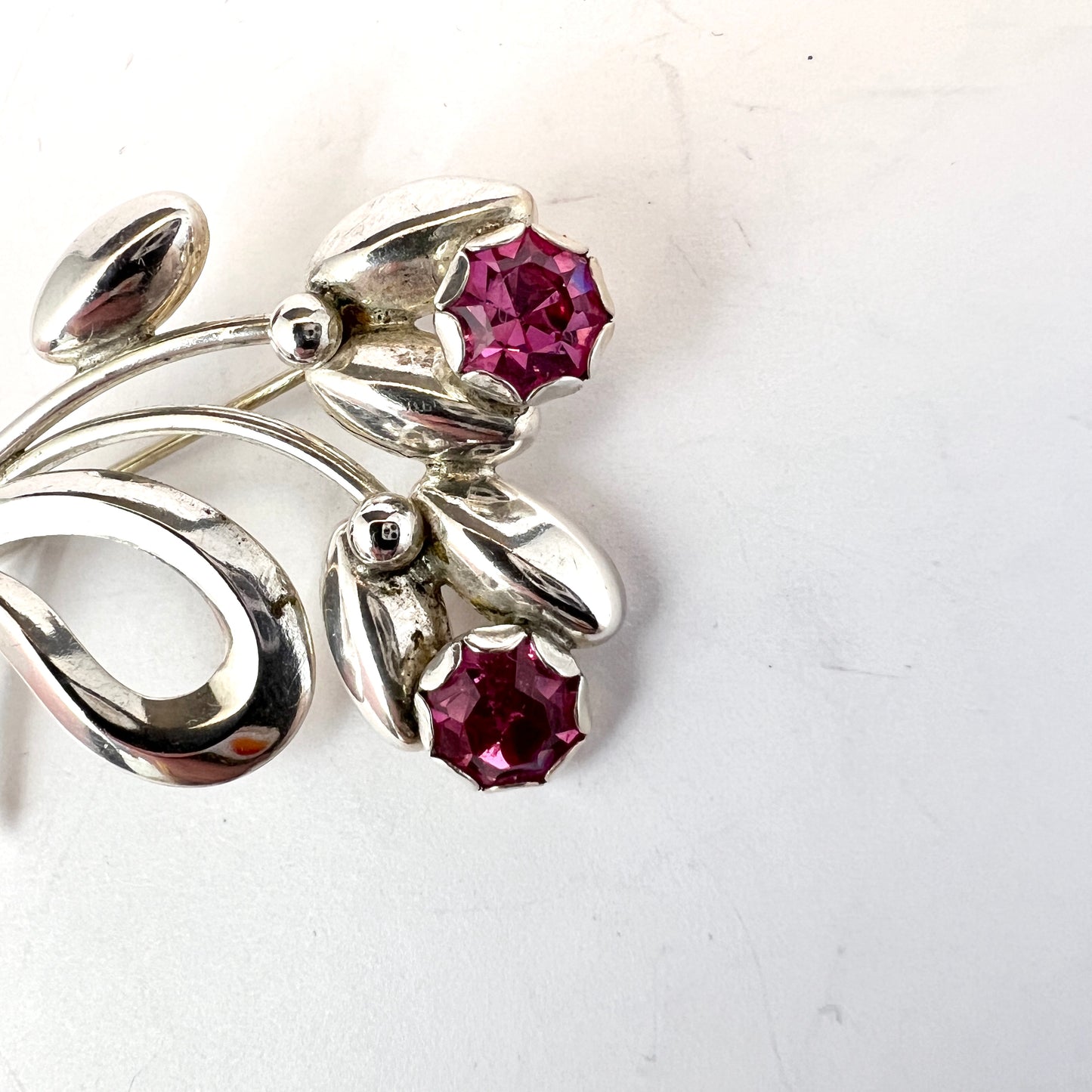 Herman Siersbøl Denmark 1950-60s. Sterling Silver Synthetic Pink Stones Flower Brooch.