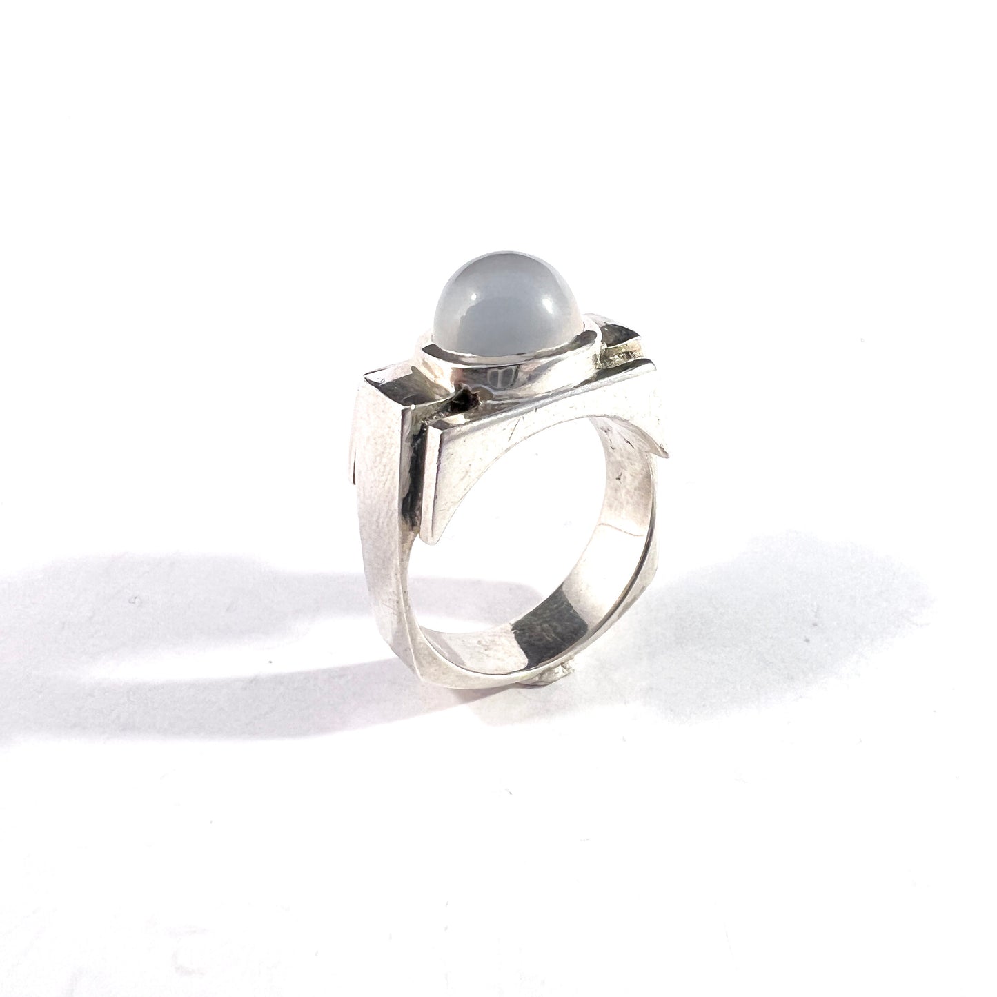 Art Deco c 1930s Sterling Silver Moonstone Tank Ring. Signed.