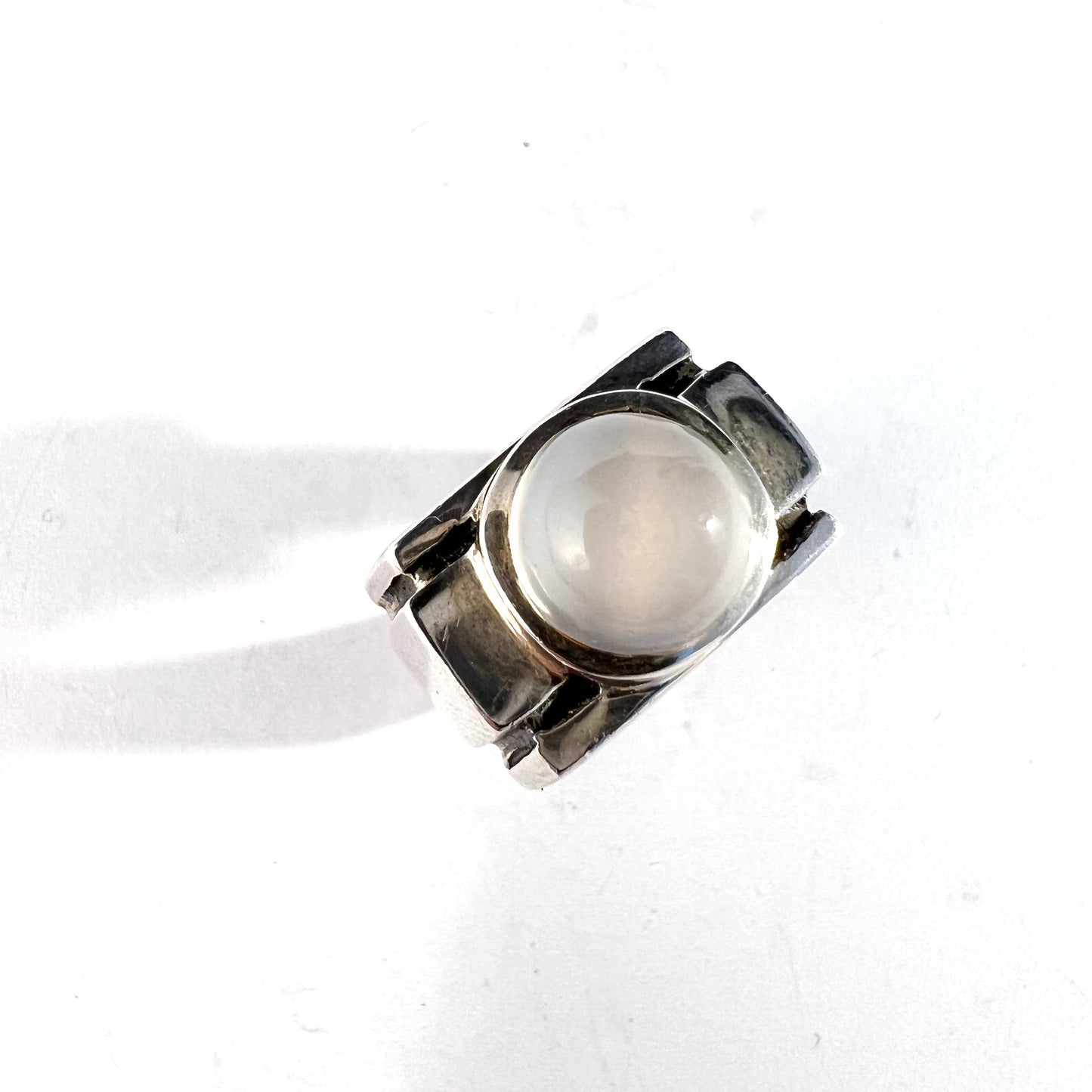 Art Deco c 1930s Sterling Silver Moonstone Tank Ring. Signed.