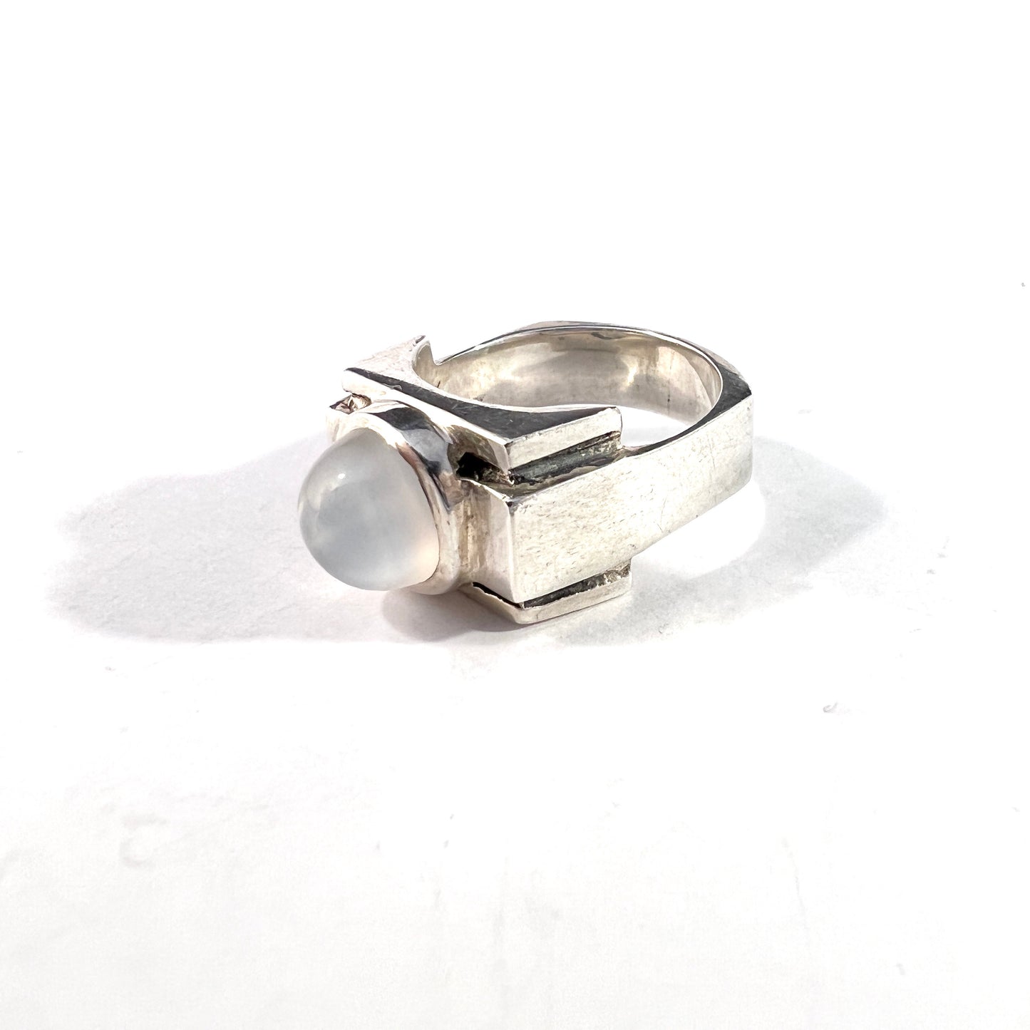 Art Deco c 1930s Sterling Silver Moonstone Tank Ring. Signed.