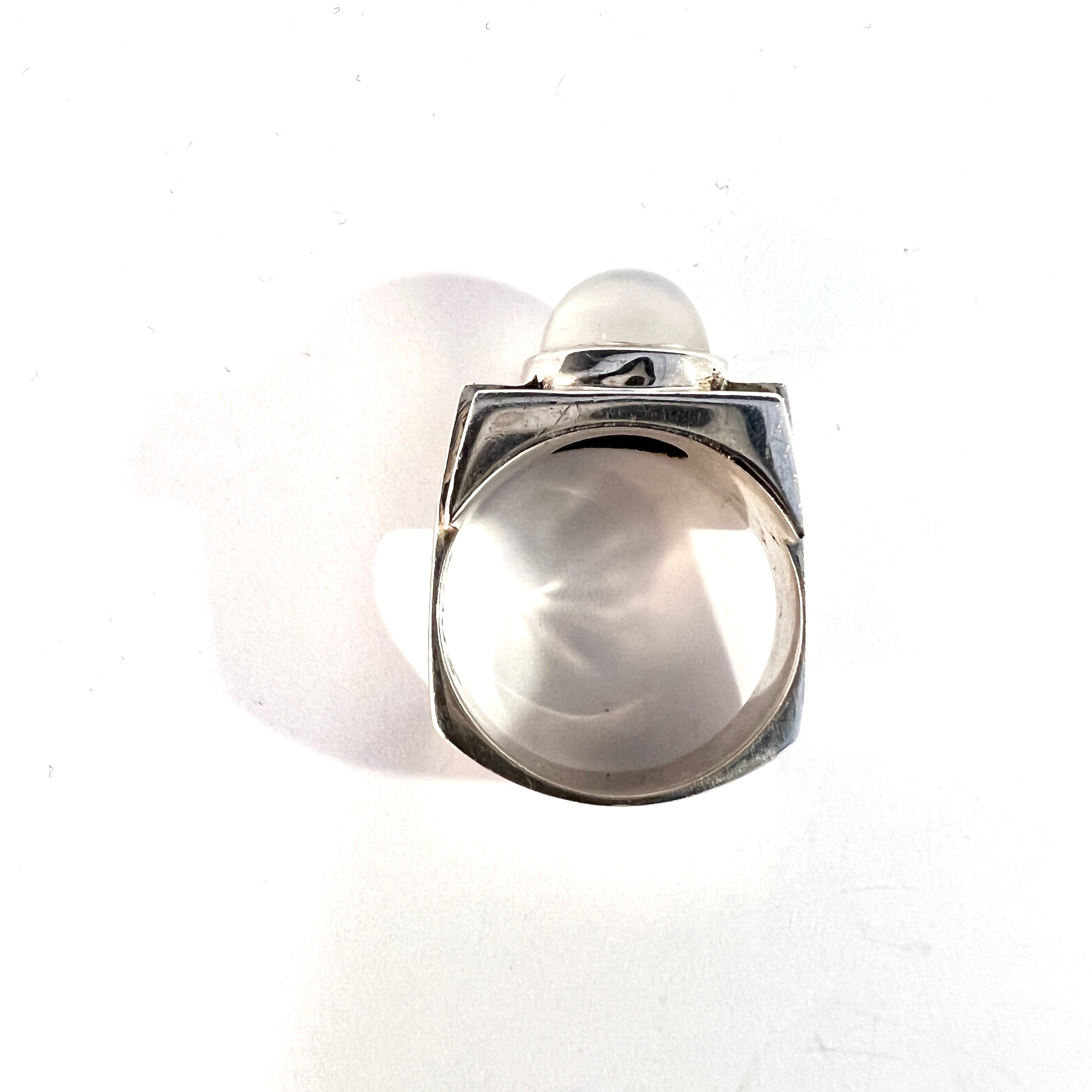 Art Deco c 1930s Sterling Silver Moonstone Tank Ring. Signed.