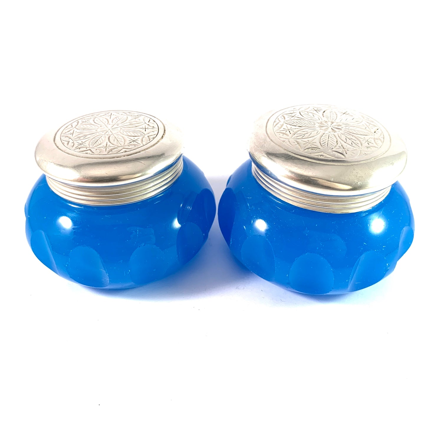 Sweden year 1866. Victorian Solid Silver Topped Blue Opaline Glass Jars