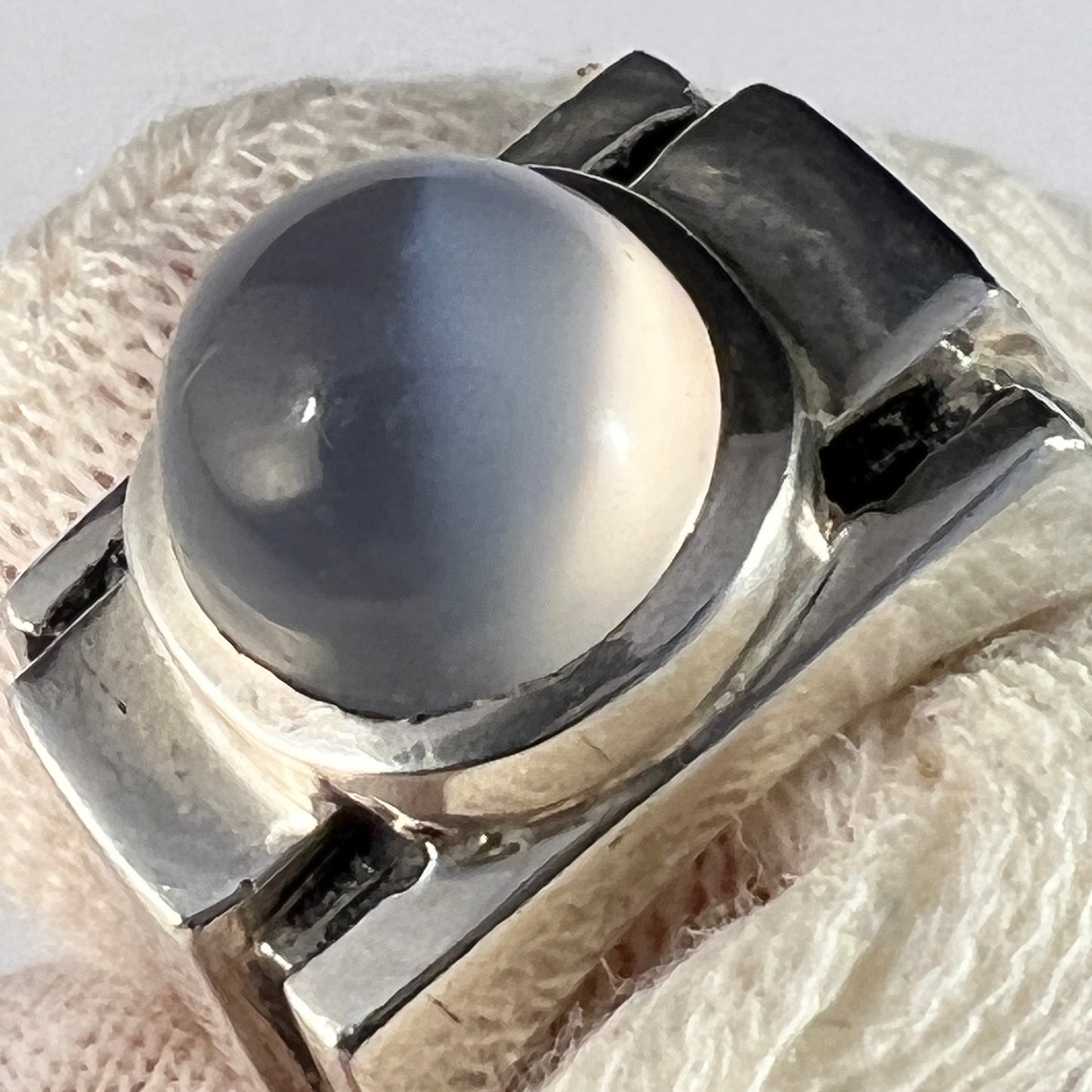 Art Deco c 1930s Sterling Silver Moonstone Tank Ring. Signed.